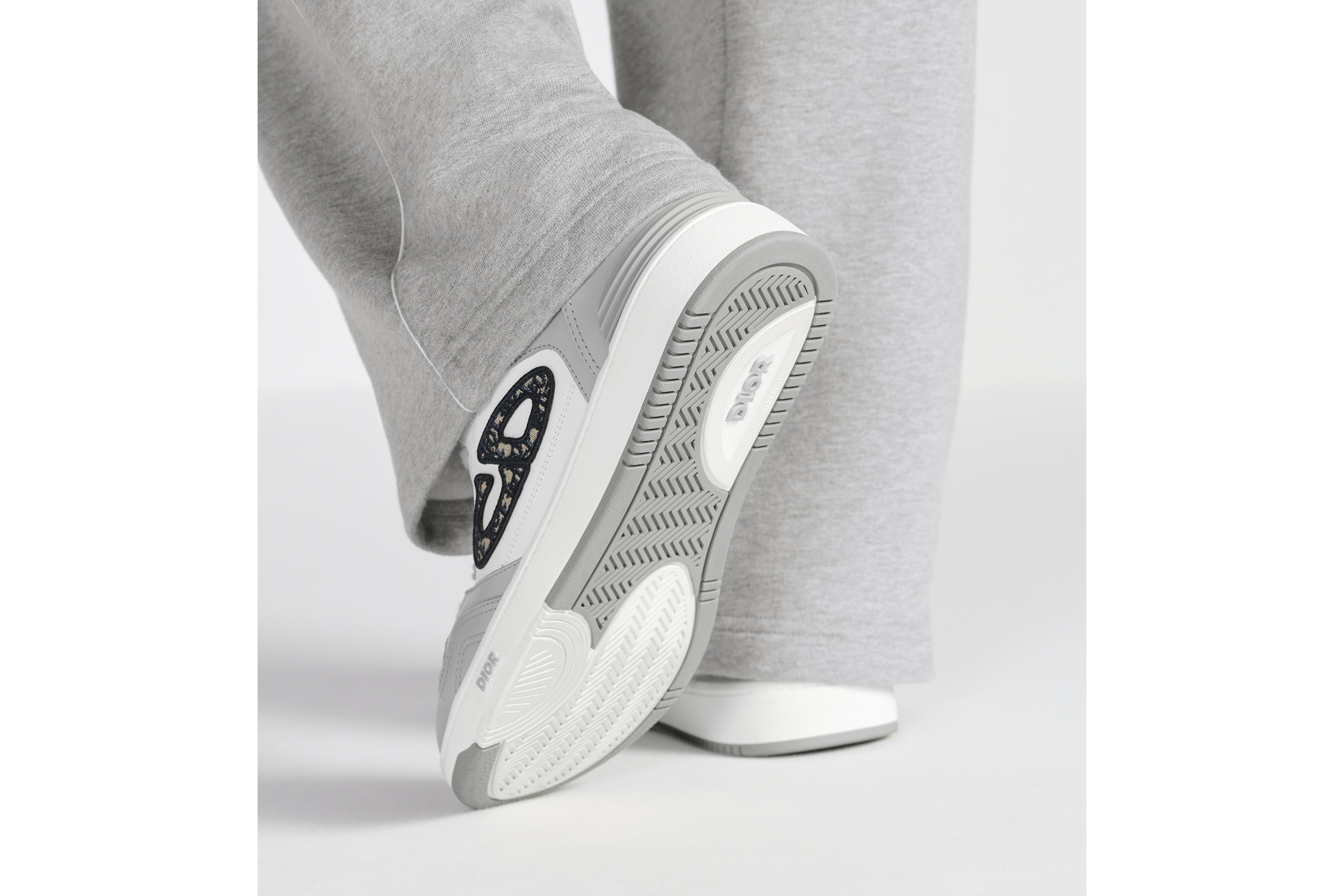 look_image_alt_prefix B57 Dribble 低帮运动鞋 迪奥灰和白色光滑牛皮革，米色和黑色 Oblique 印花面料 E25