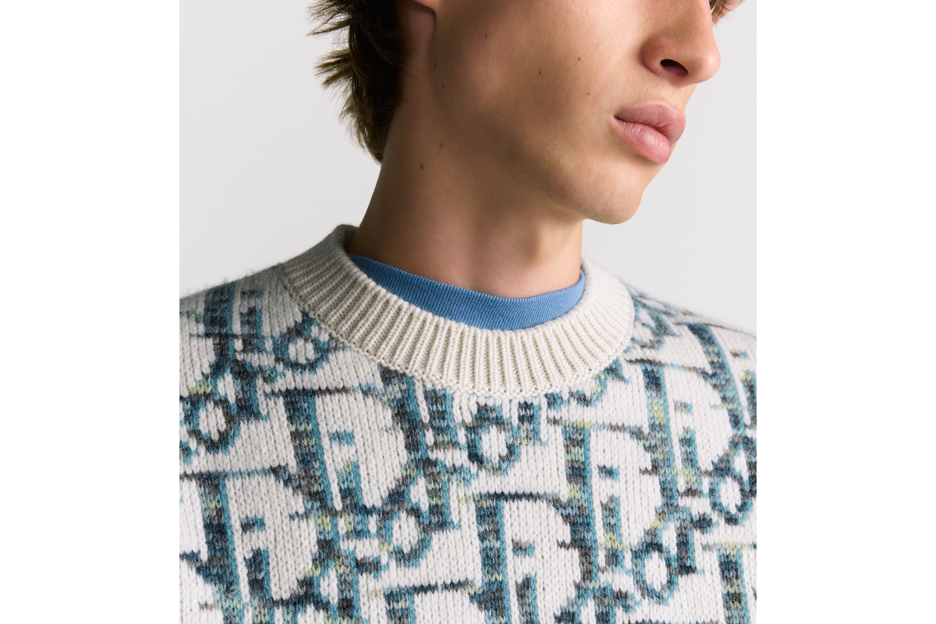 look_image_alt_prefix 针织衫 白色和蓝色绵羊毛提花面料 Oblique 印花 E10