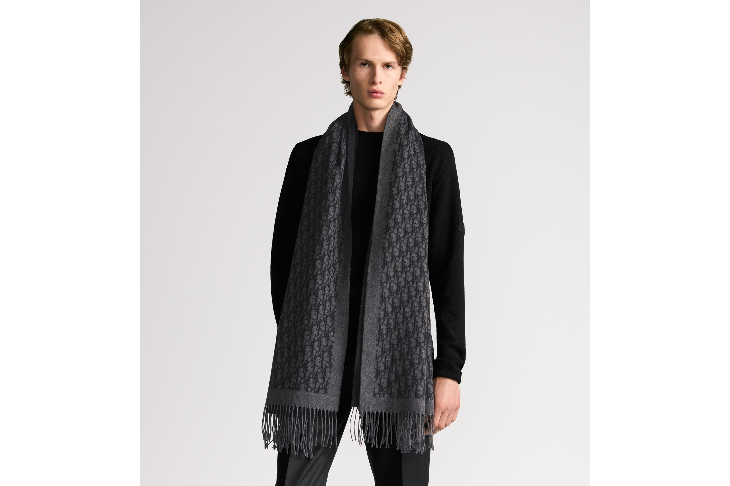 look_image_alt_prefix Dior 印花围巾 深灰色和黑色桑蚕丝面料 Oblique 印花 E32