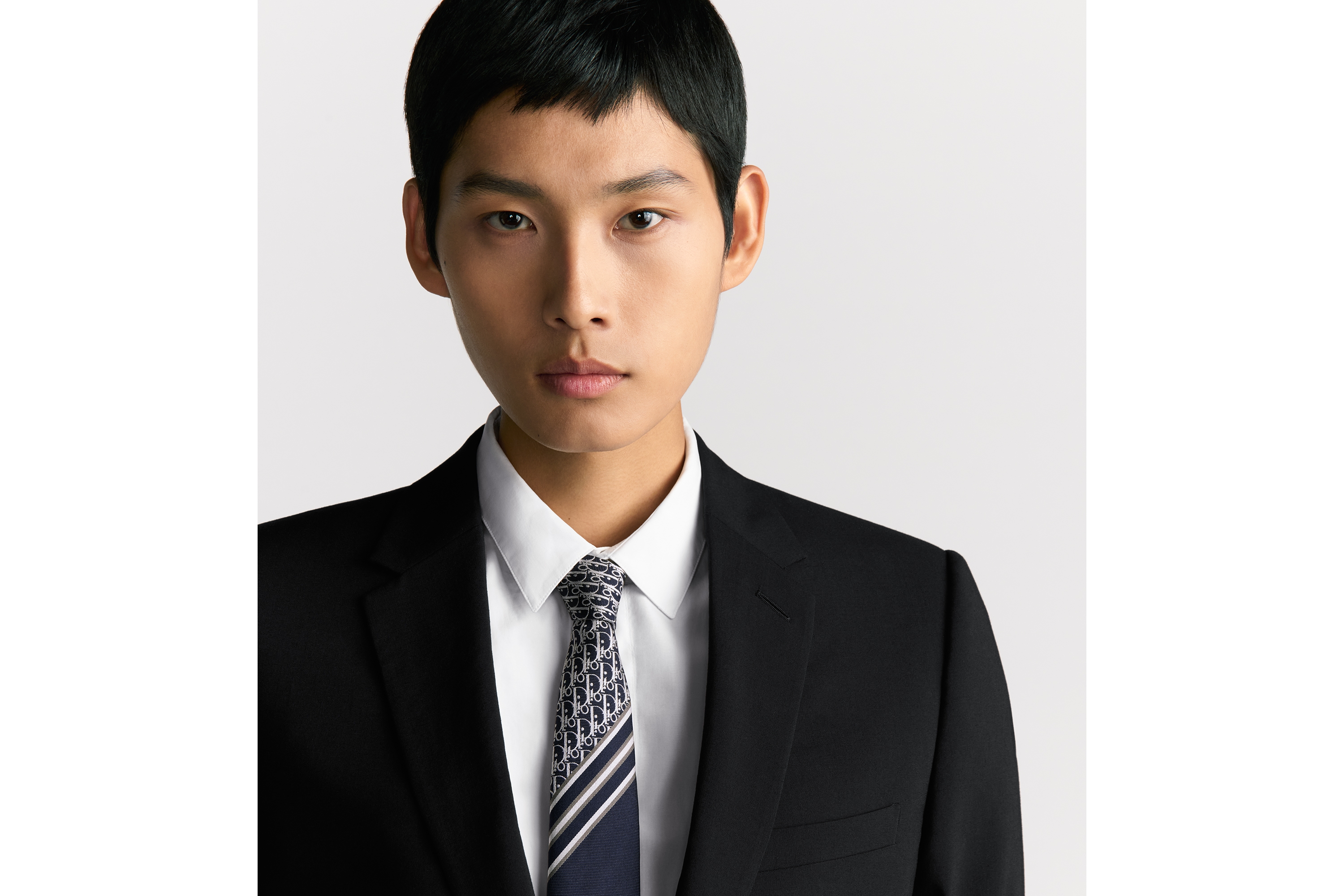 look_image_alt_prefix Dior 印花领带 海军蓝色、白色和灰色桑蚕丝条纹和 Oblique 印花 E36