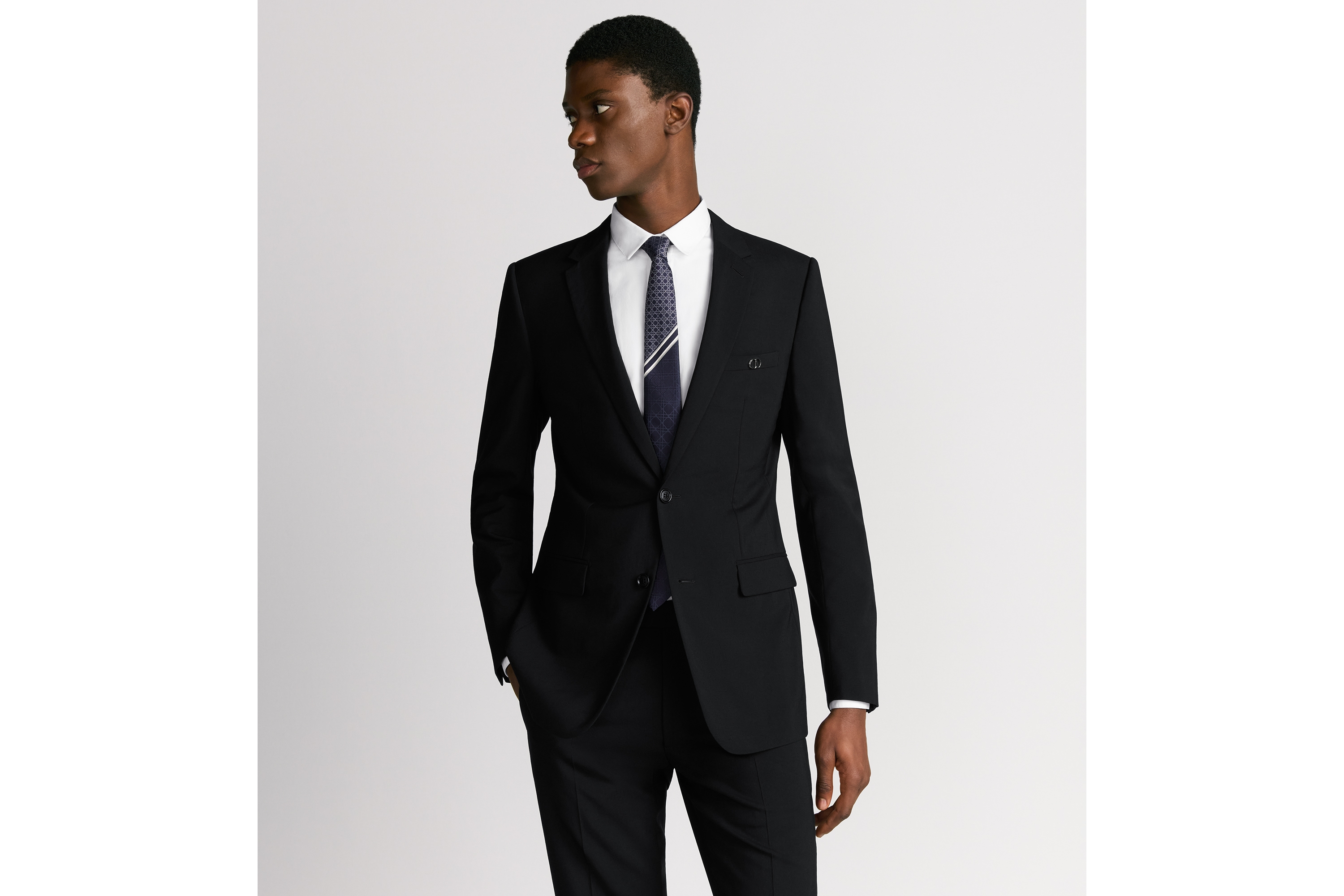 Dior 印花领带 海军蓝色、灰色和白色桑蚕丝面料条纹藤格纹 E35