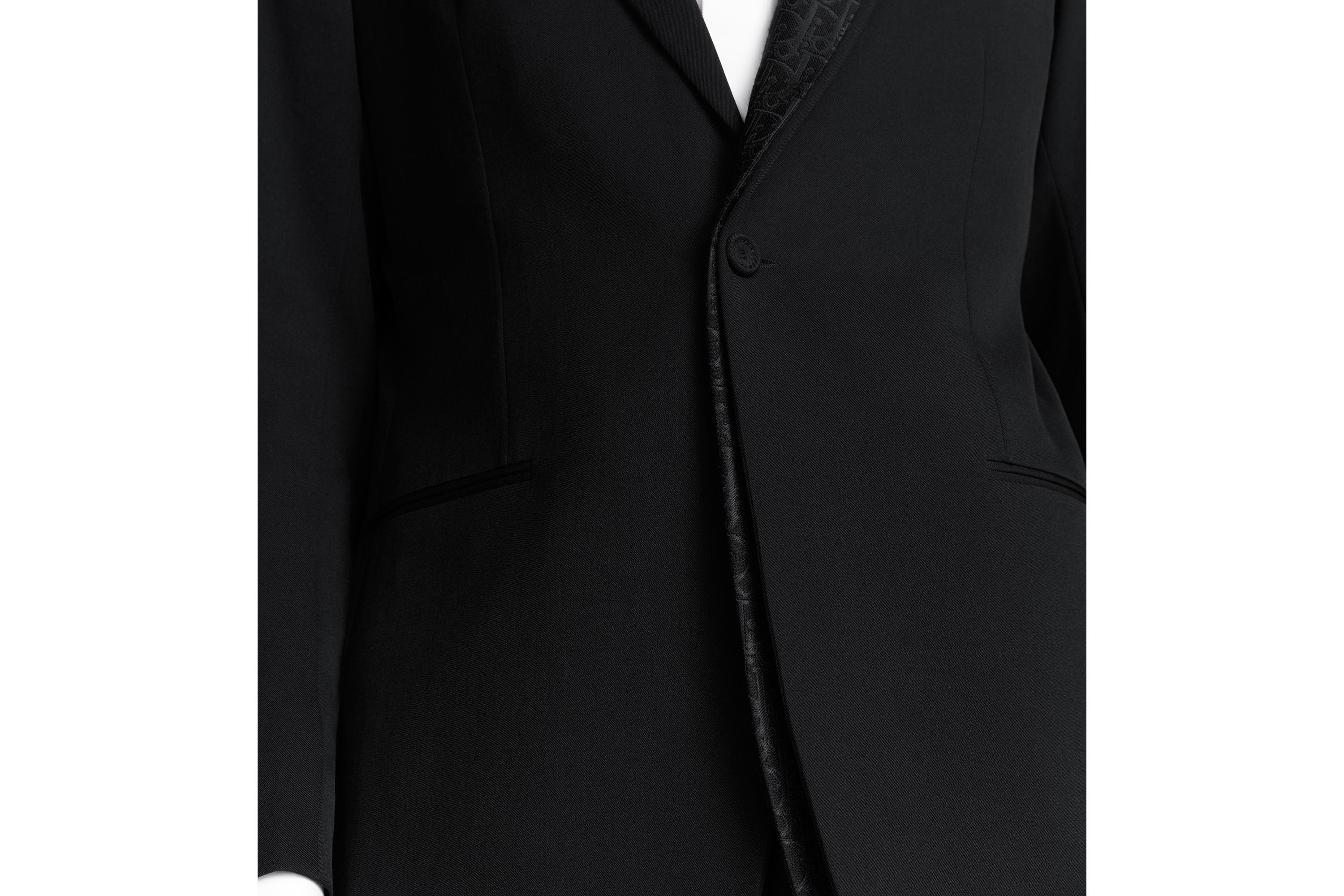 look_image_alt_prefix 不对称青果领单西 黑色绵羊毛斜纹面料 Oblique 印花 E04