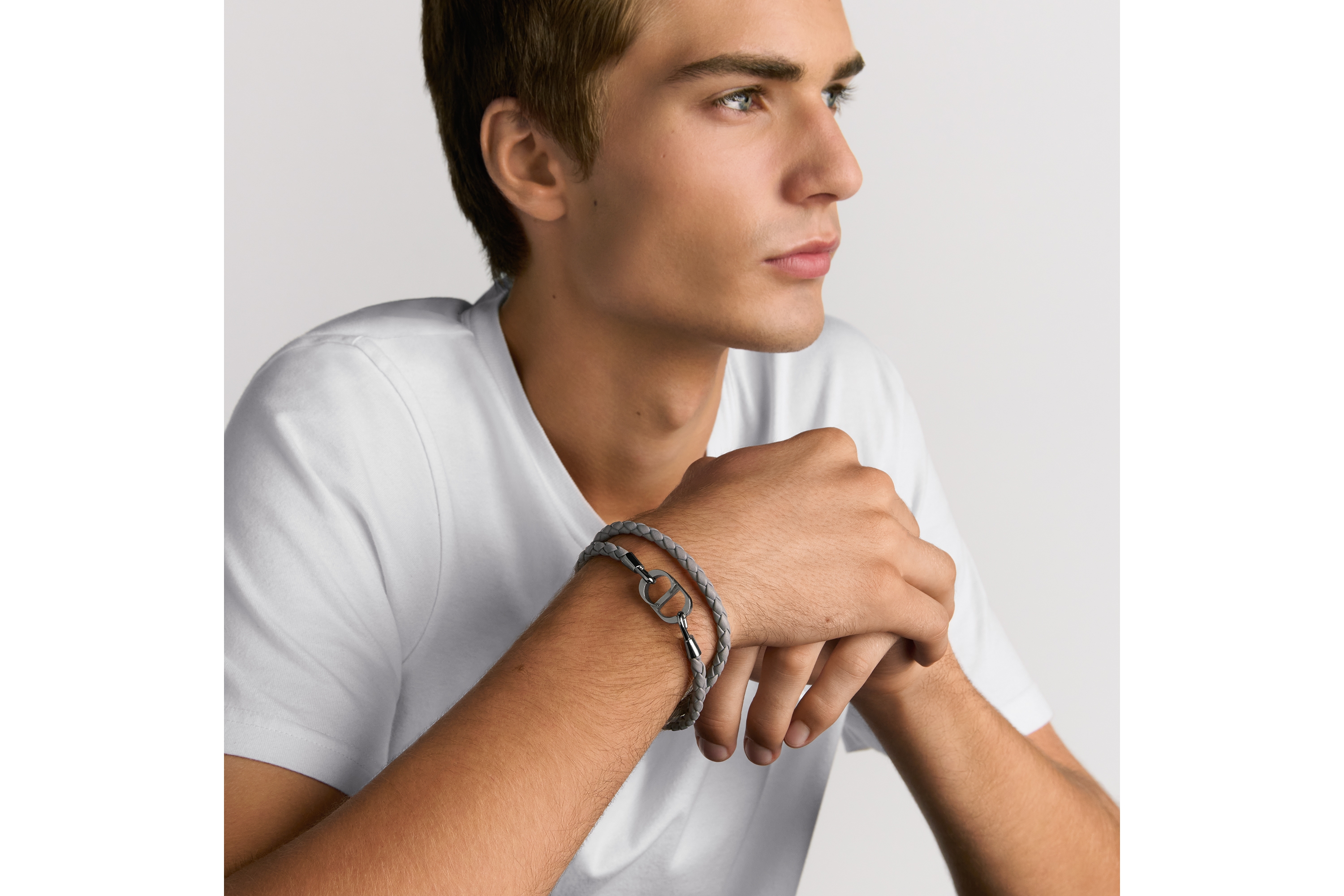 CD Icon 编织皮革双链条手链 灰色羊皮革和银色饰面铜合金 E39