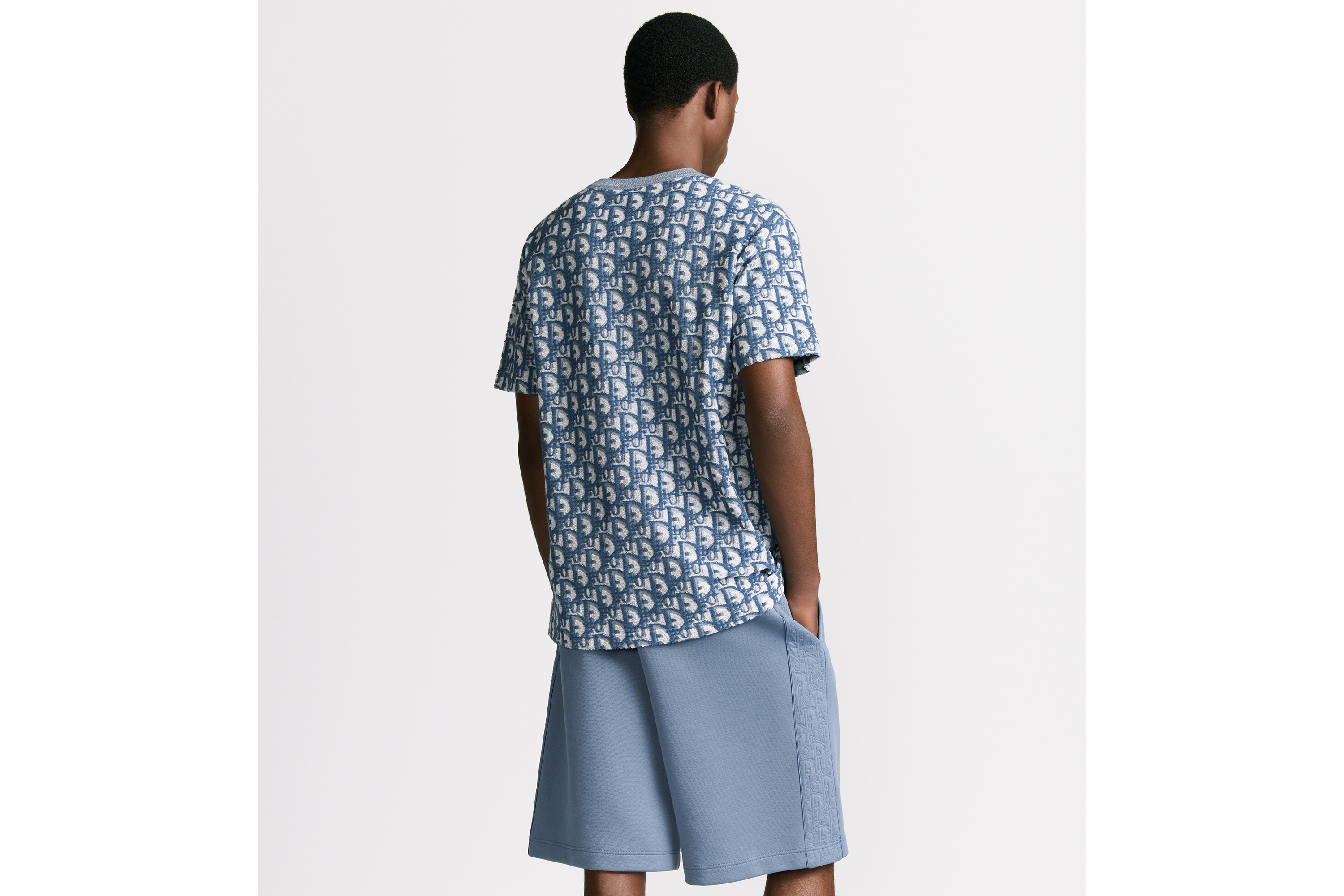 宽松版型 T 恤 蓝色和白色棉质混纺毛圈平纹针织面料 Oblique 印花 E09