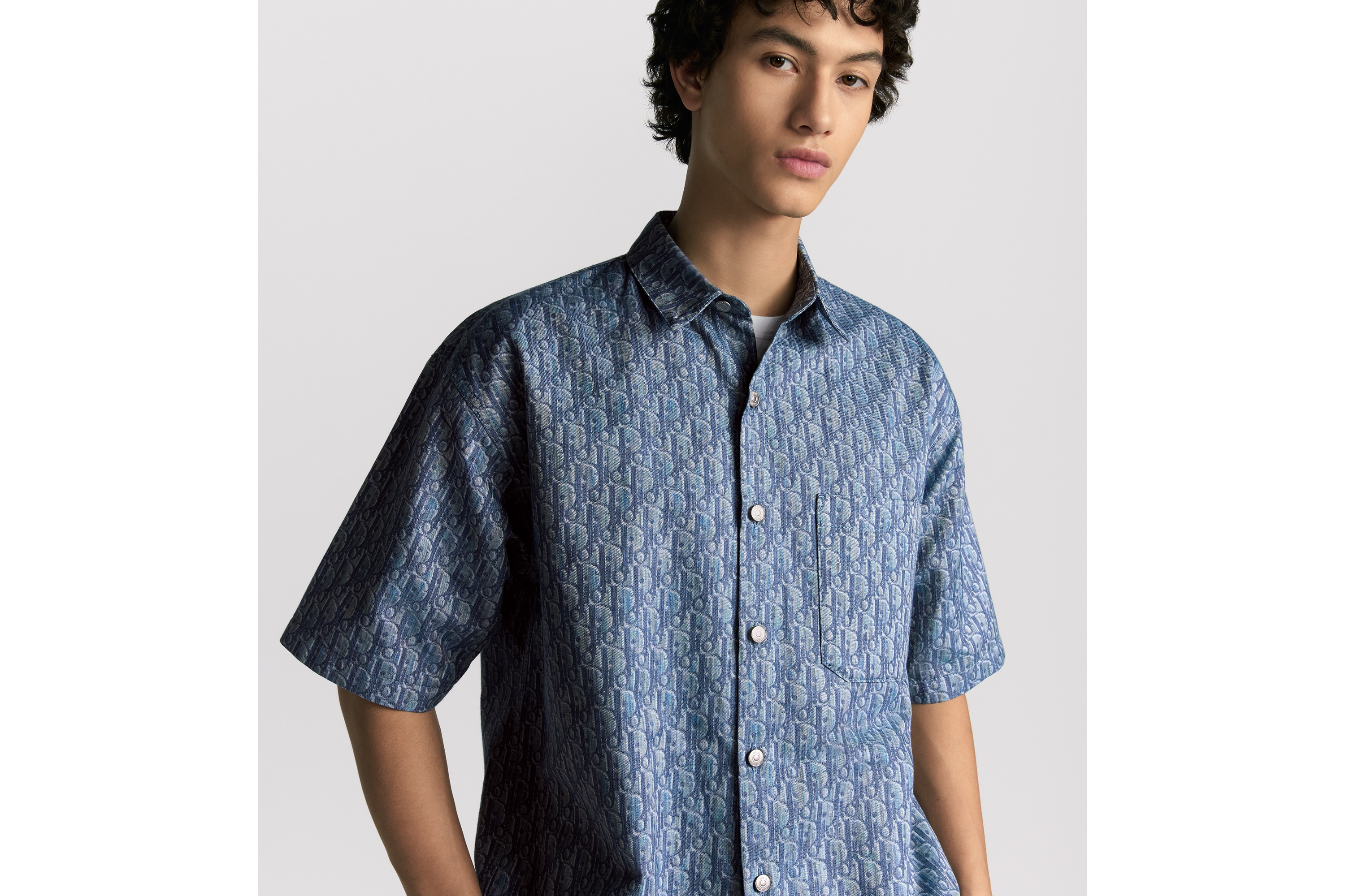 短袖衬衫 蓝色棉质混纺斜纹面料 Oblique 印花 E07