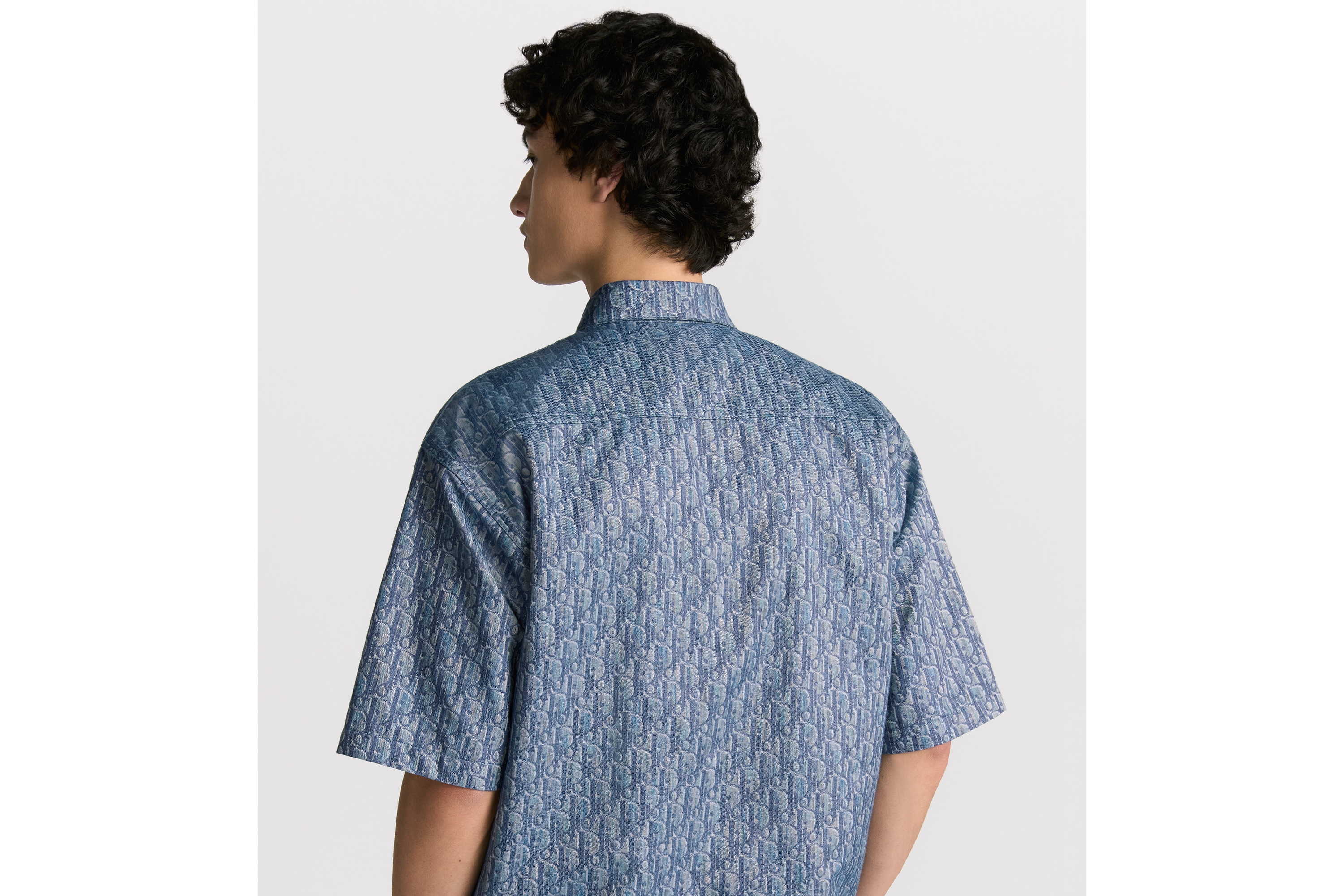 短袖衬衫 蓝色棉质混纺斜纹面料 Oblique 印花 E09