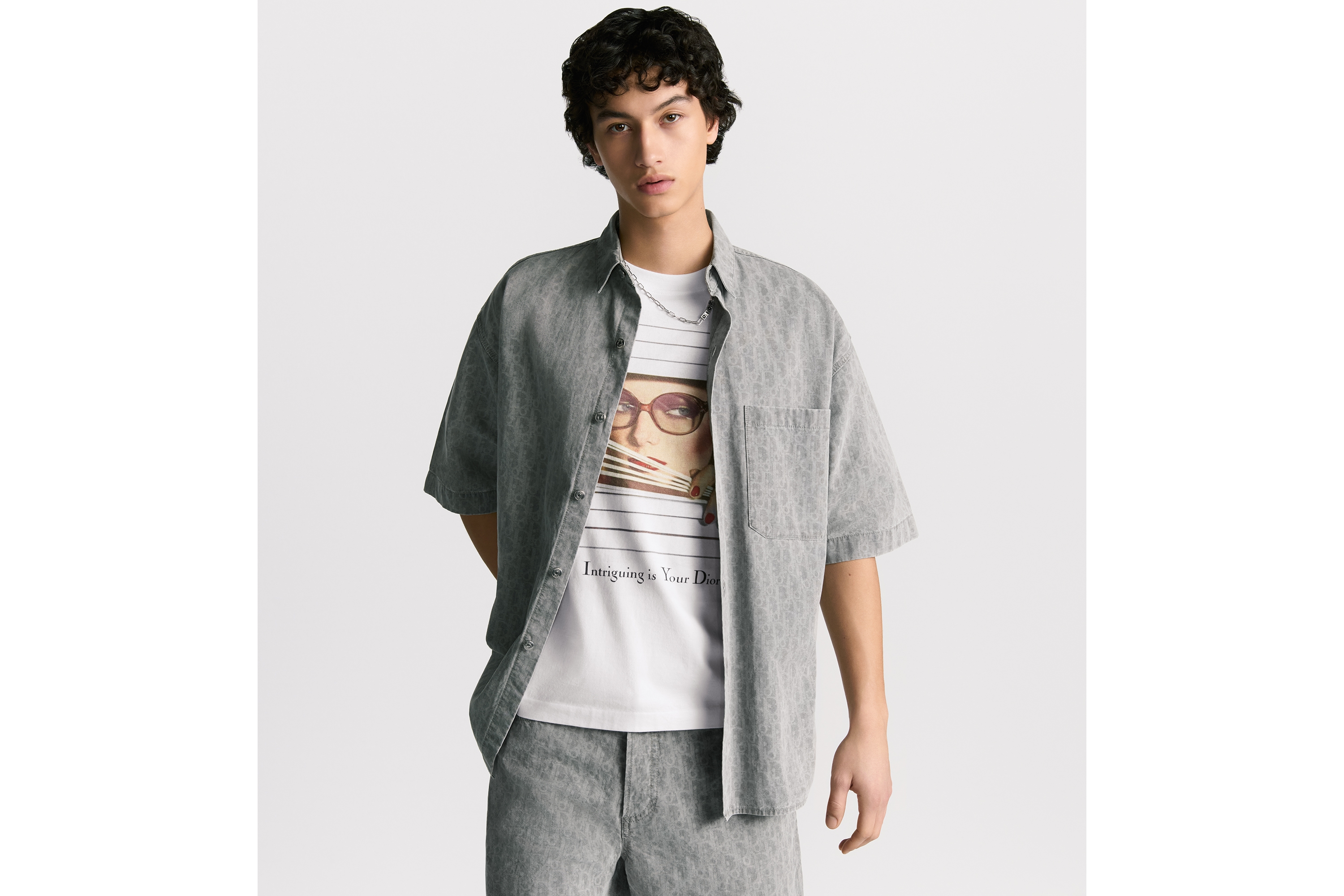 短袖外套衬衫 灰色棉质牛仔布 Oblique 印花 E01