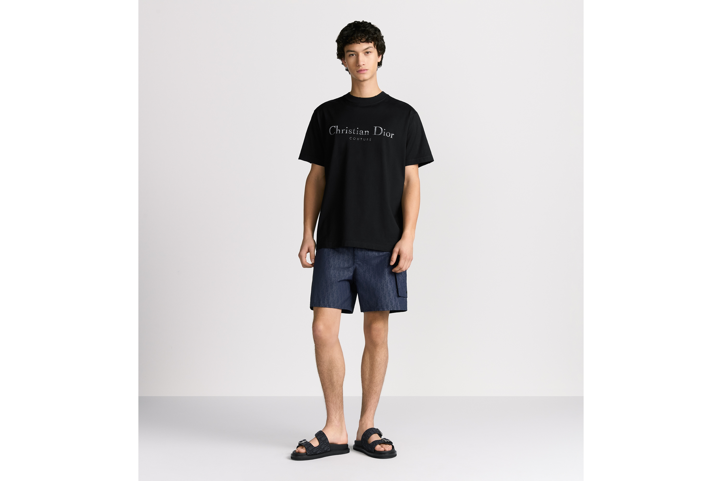 宽松版型 T 恤 黑色棉质平纹针织面料仿旧效果 Christian Dior Couture 印花 E08