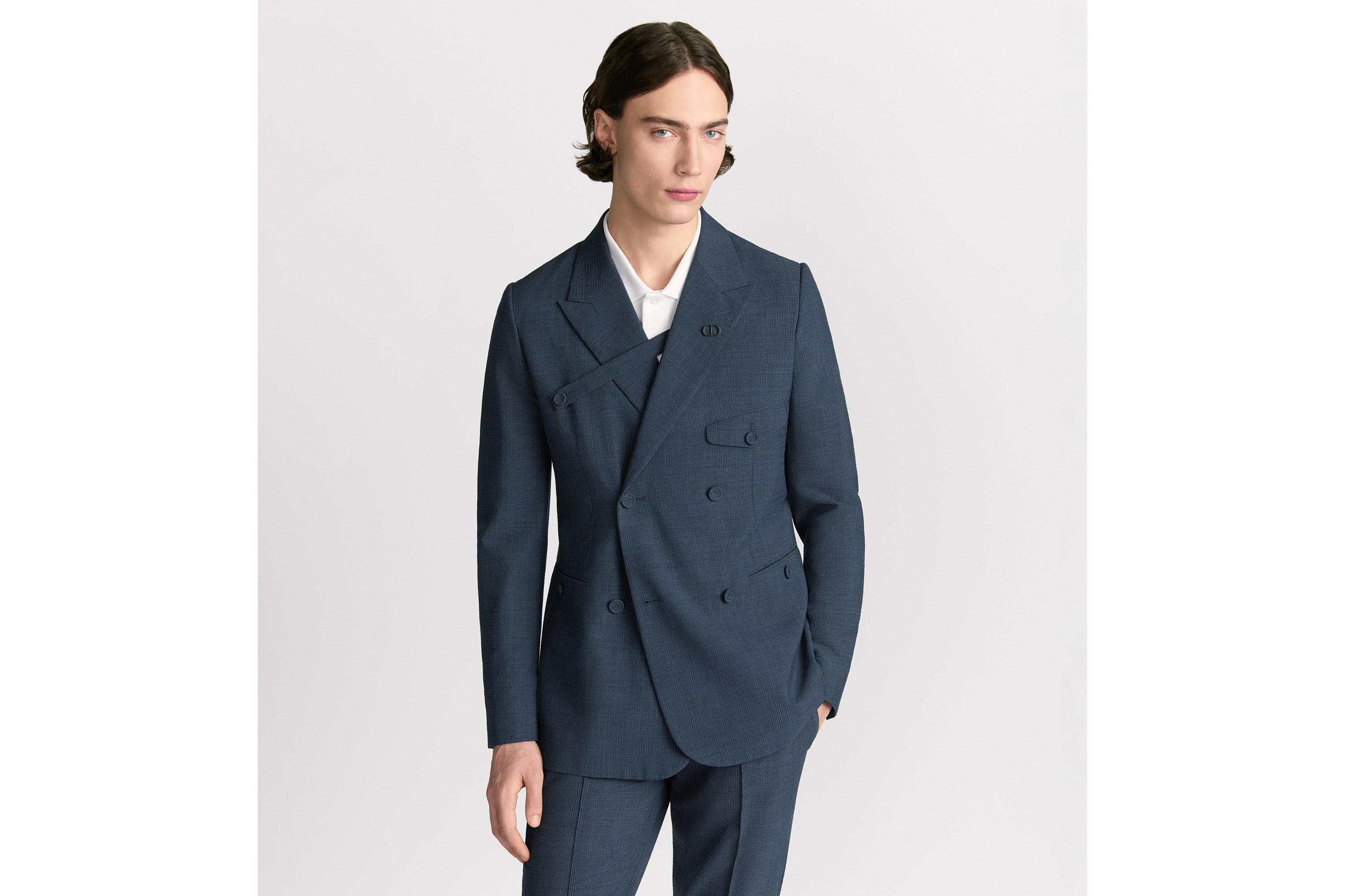 双排扣单西 蓝色绵羊毛混纺泡泡纱格子面料搭配纽扣饰带 E01