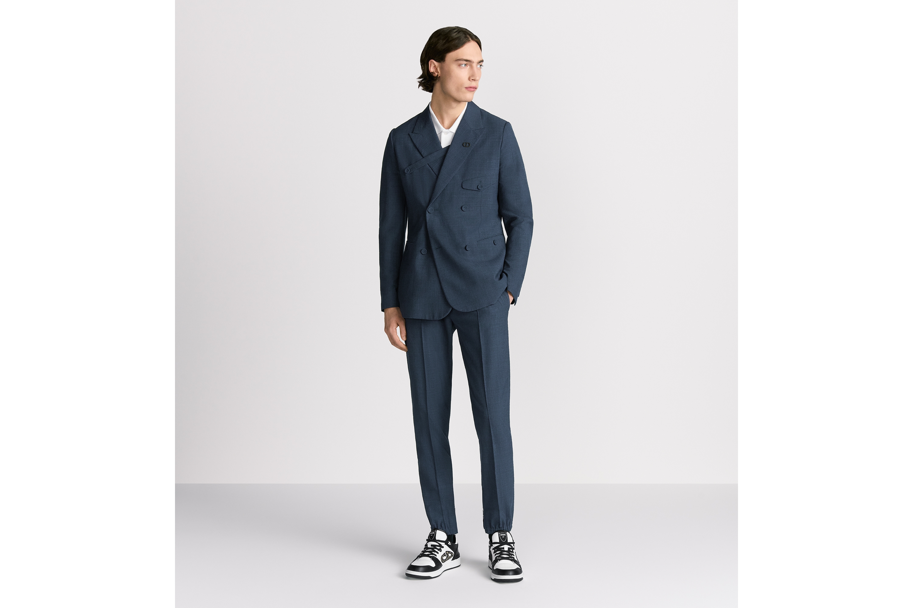 双排扣单西 蓝色绵羊毛混纺泡泡纱格子面料搭配纽扣饰带 E02