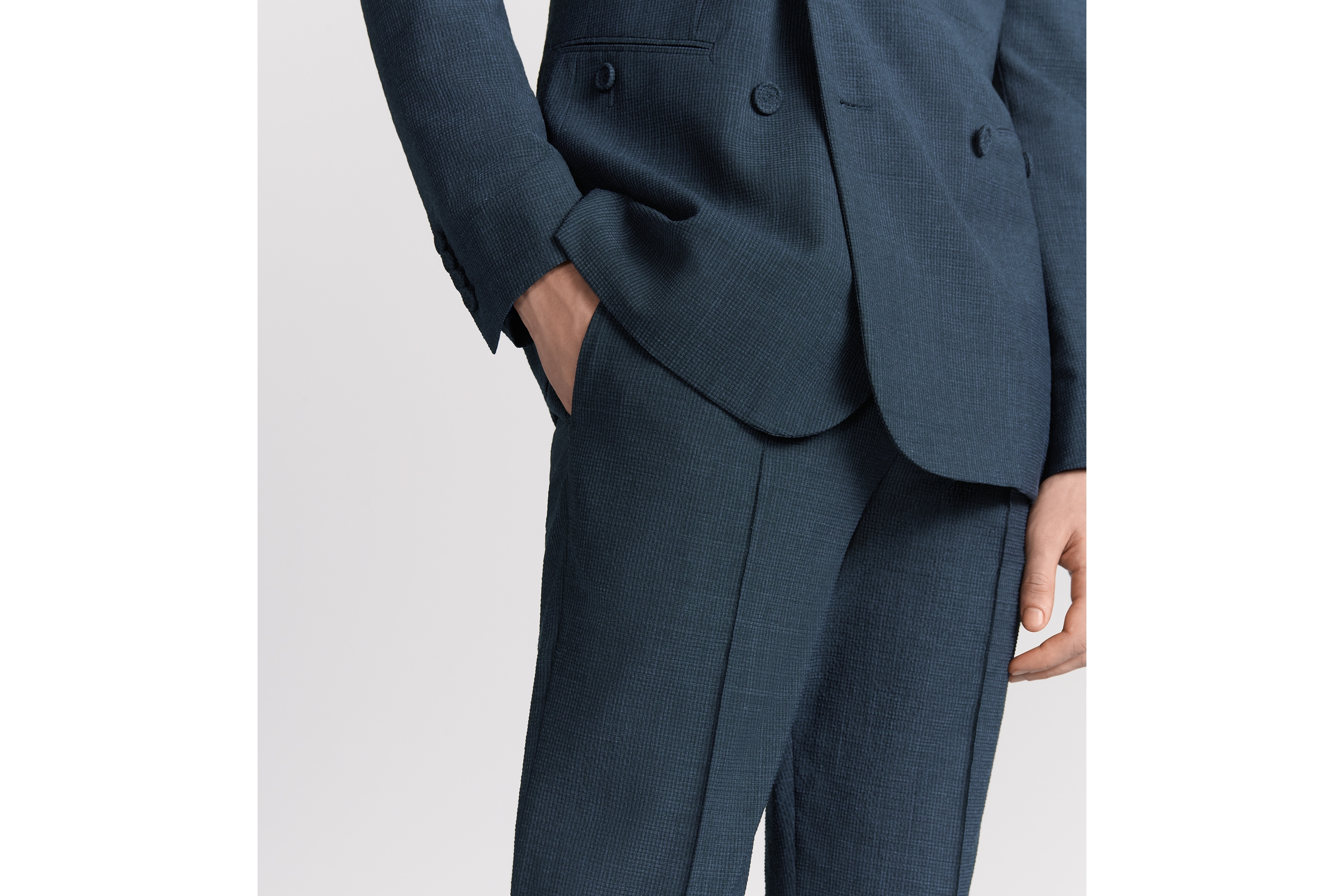 精裁运动裤 蓝色绵羊毛混纺泡泡纱格子面料 E13