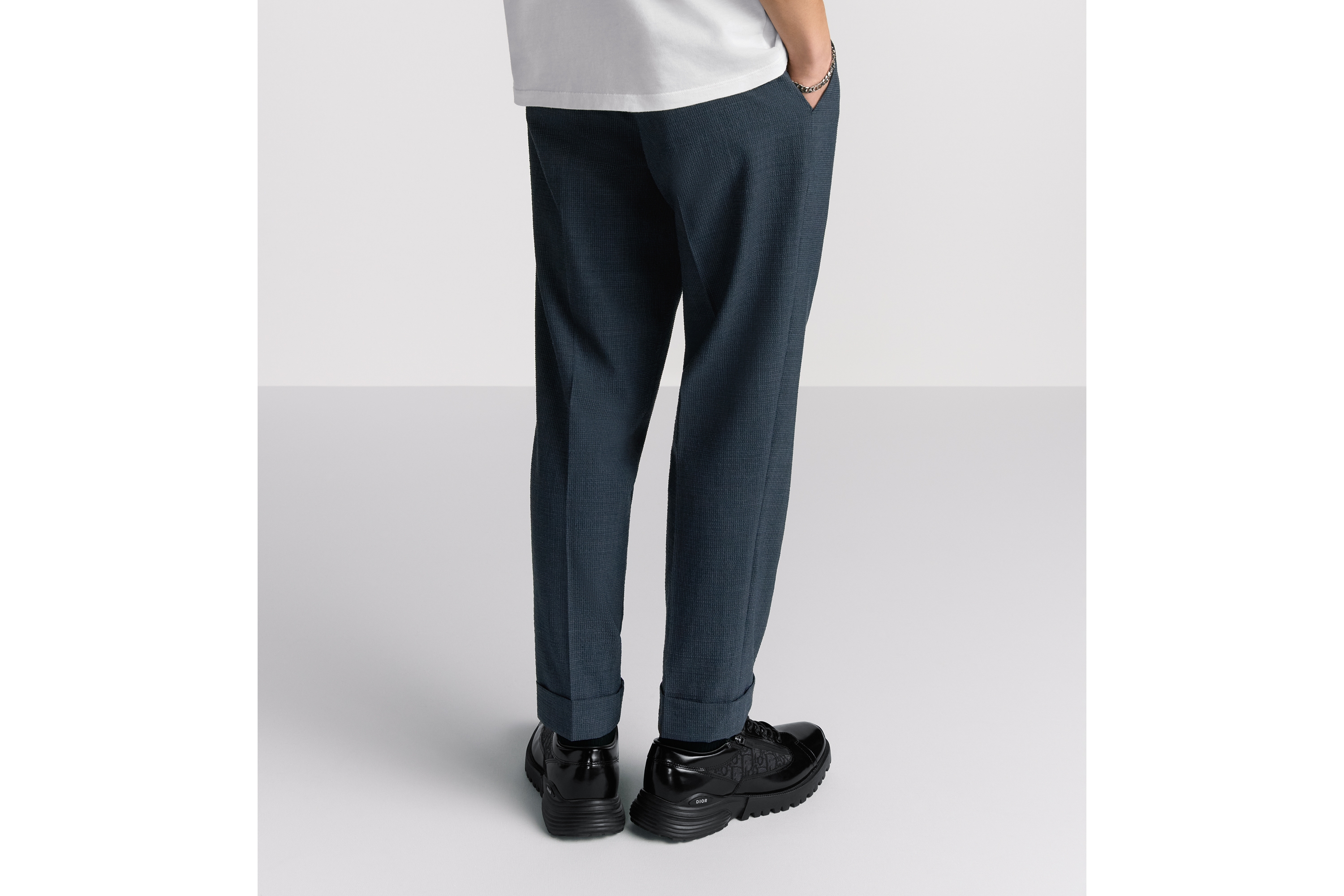 精裁卷边斜纹布裤 蓝色绵羊毛混纺泡泡纱格子面料 E15