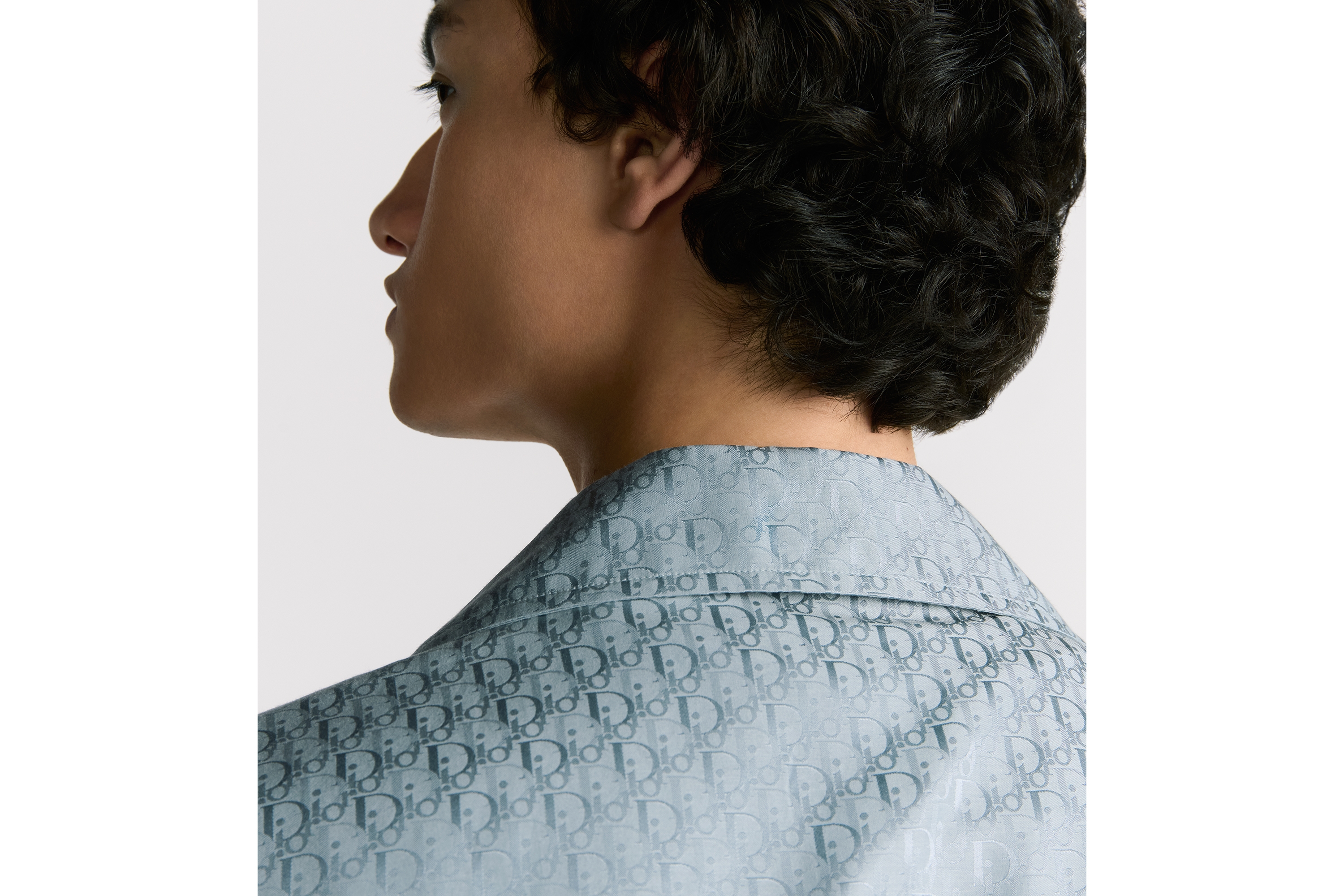 短袖衬衫 蓝色桑蚕丝和棉质混纺面料 Oblique 印花 E03