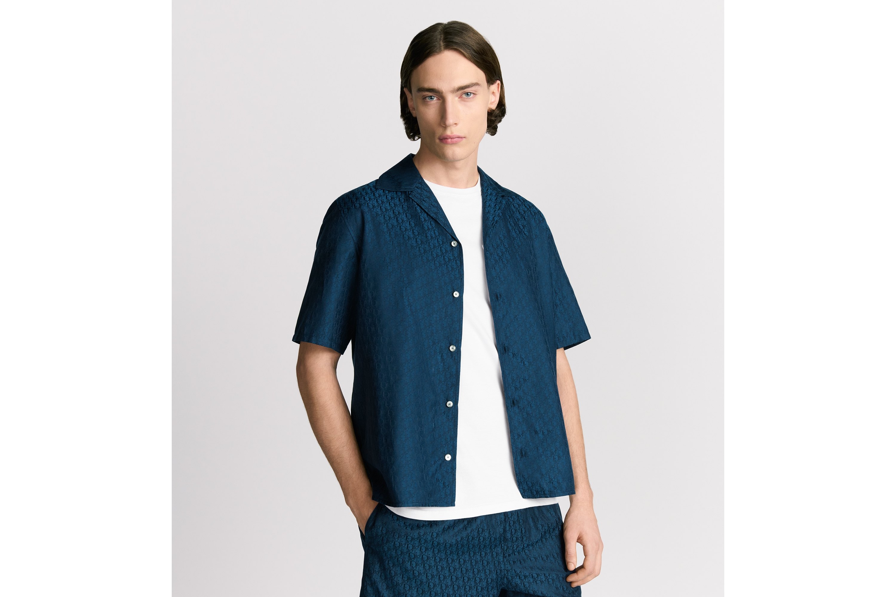 短袖衬衫 海军蓝色桑蚕丝和棉质混纺面料 Oblique 印花 E01