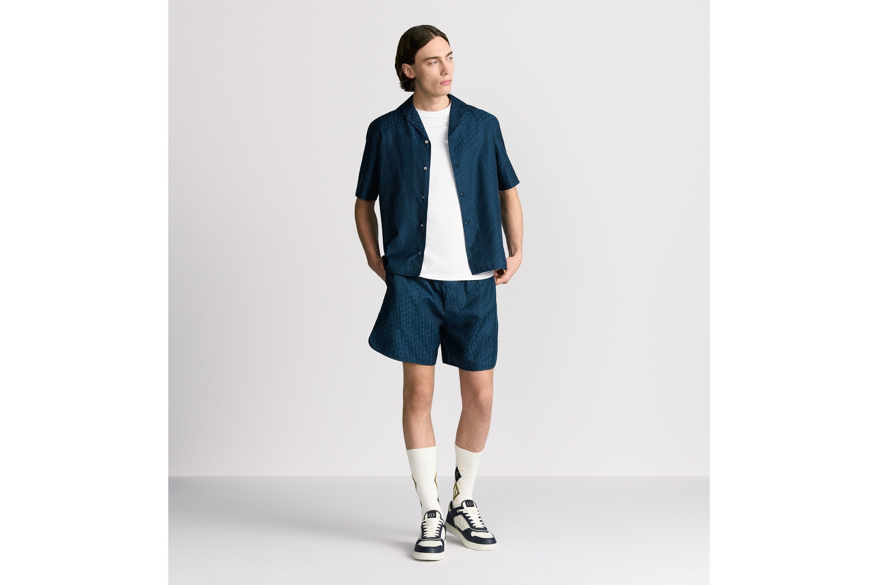 短袖衬衫 海军蓝色桑蚕丝和棉质混纺面料 Oblique 印花 E02