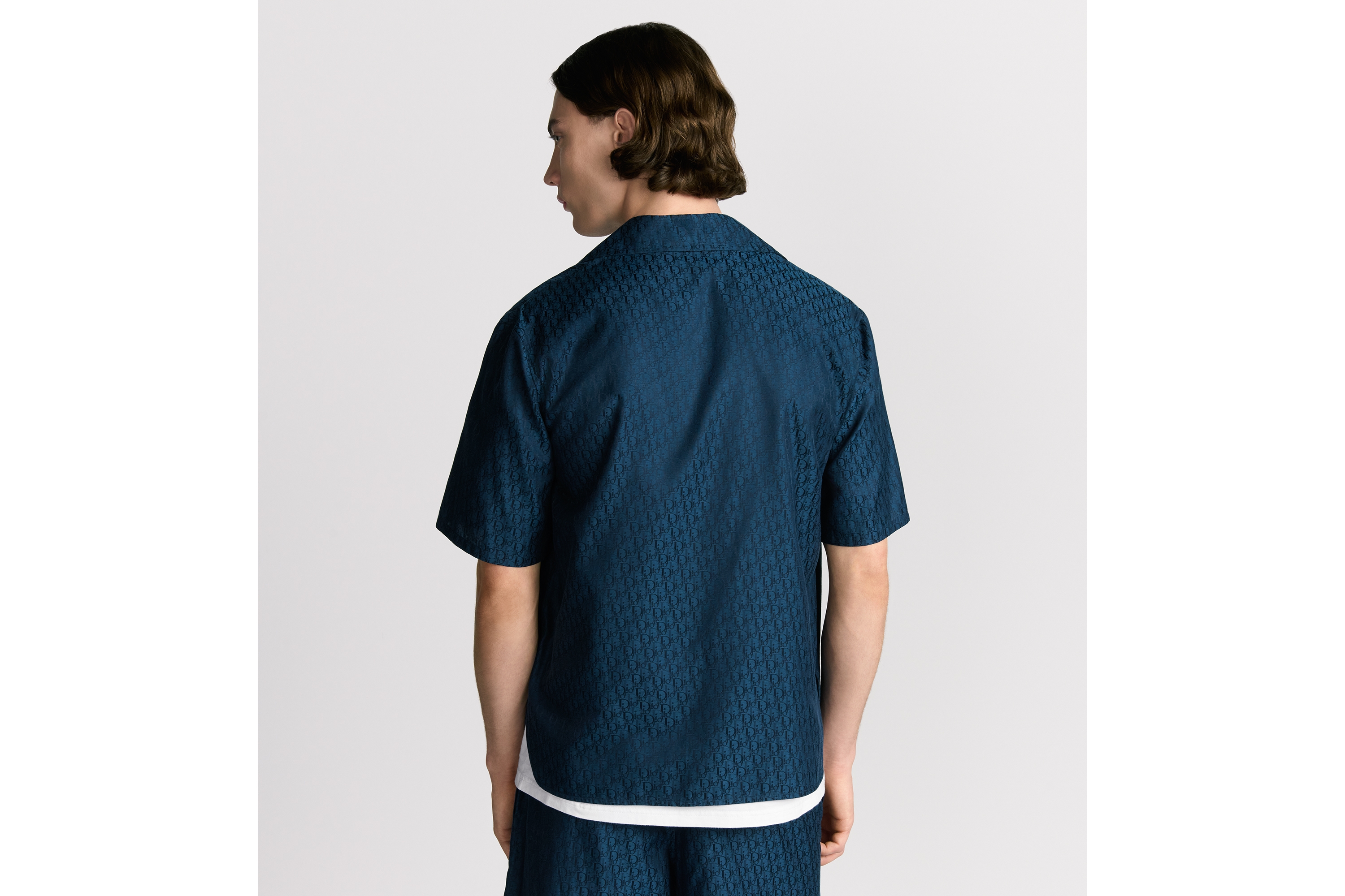 短袖衬衫 海军蓝色桑蚕丝和棉质混纺面料 Oblique 印花 E03