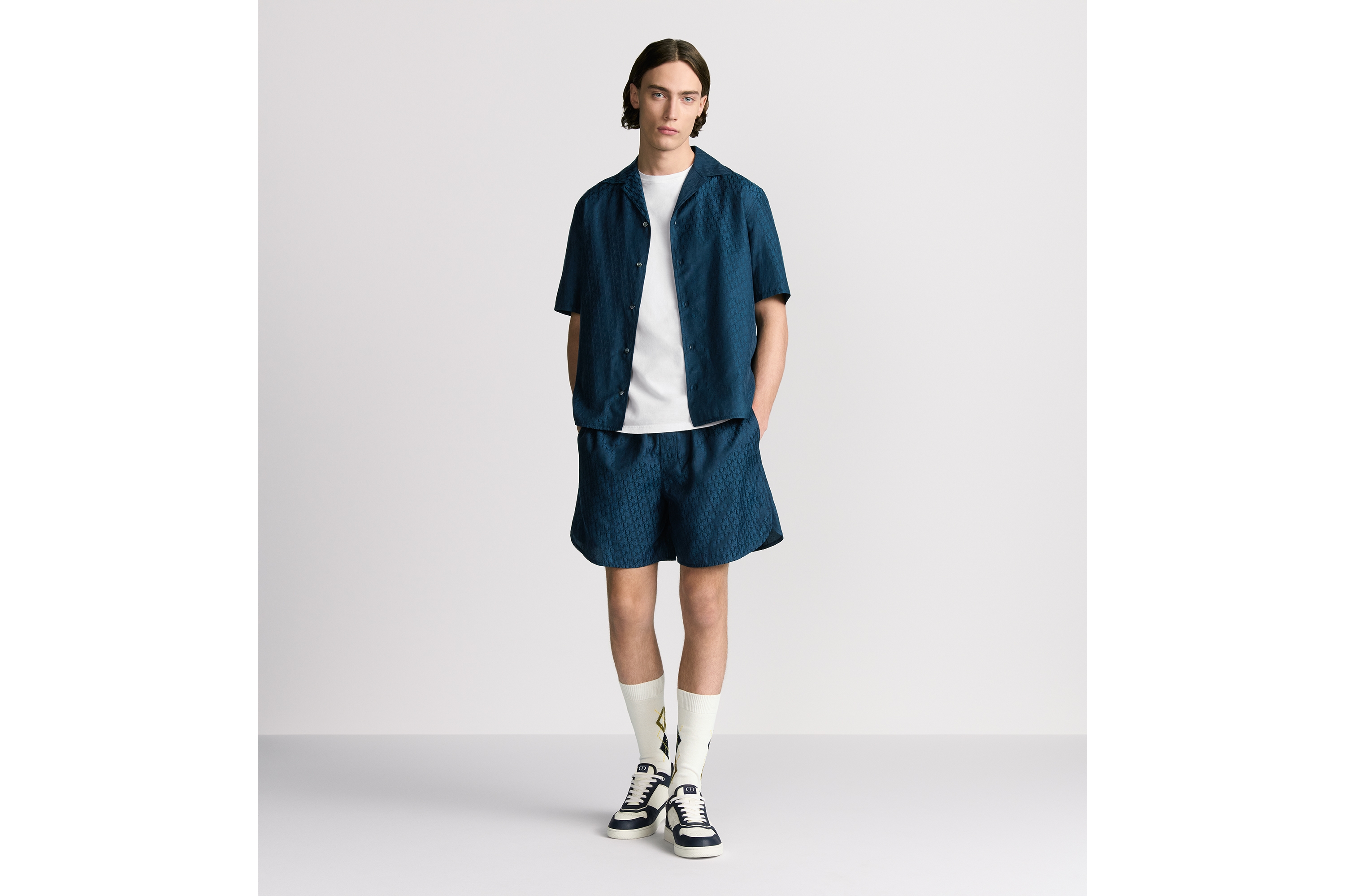 短裤 海军蓝色桑蚕丝和棉质混纺面料 Oblique 印花 E14