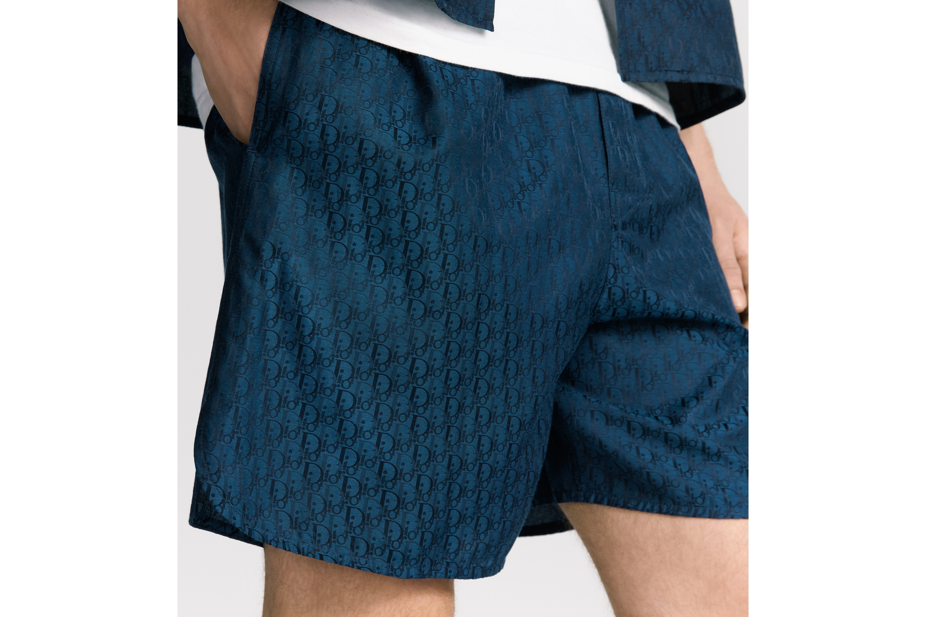 短裤 海军蓝色桑蚕丝和棉质混纺面料 Oblique 印花 E16
