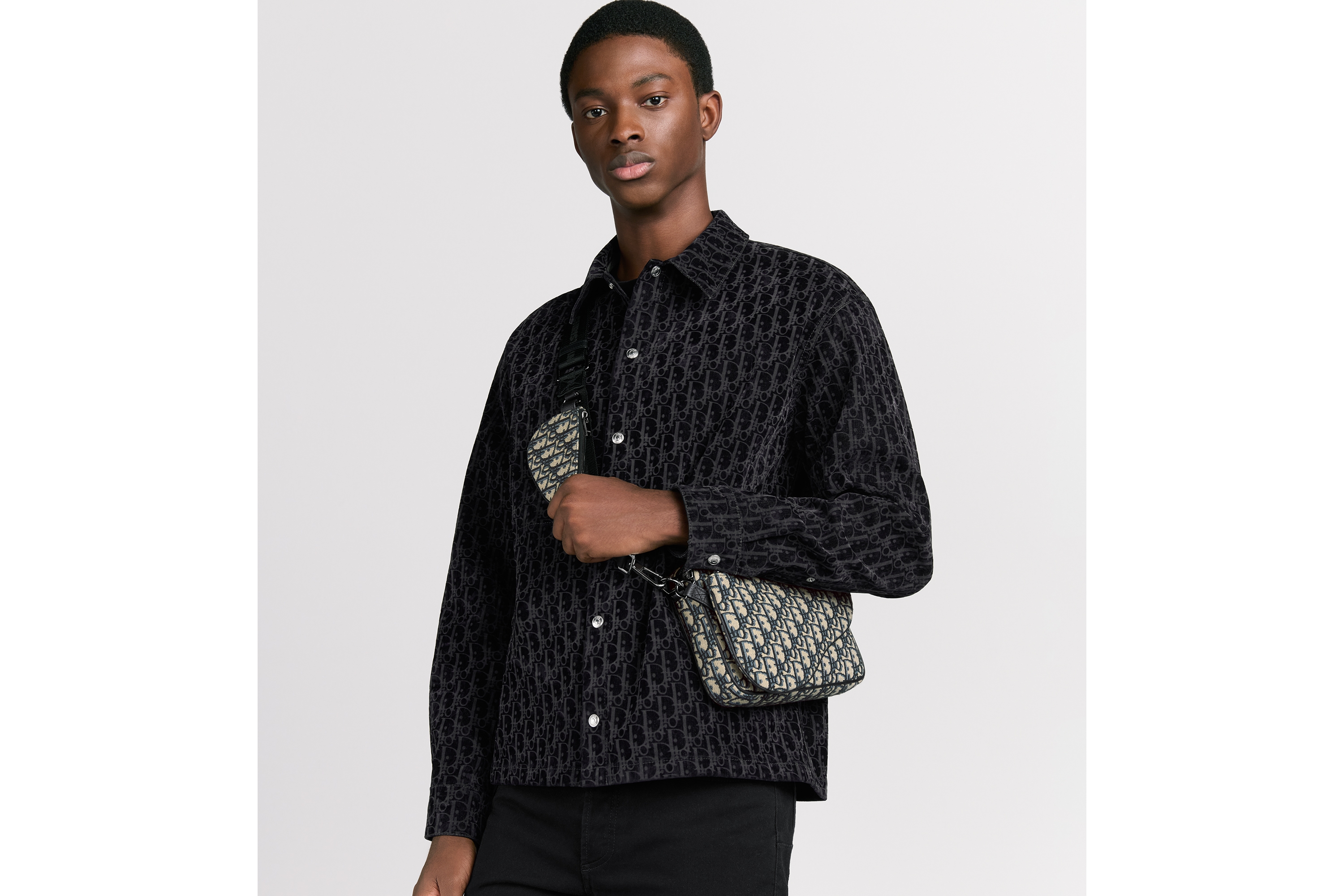 马鞍三件套手袋 米色和黑色 Oblique 印花面料 E19