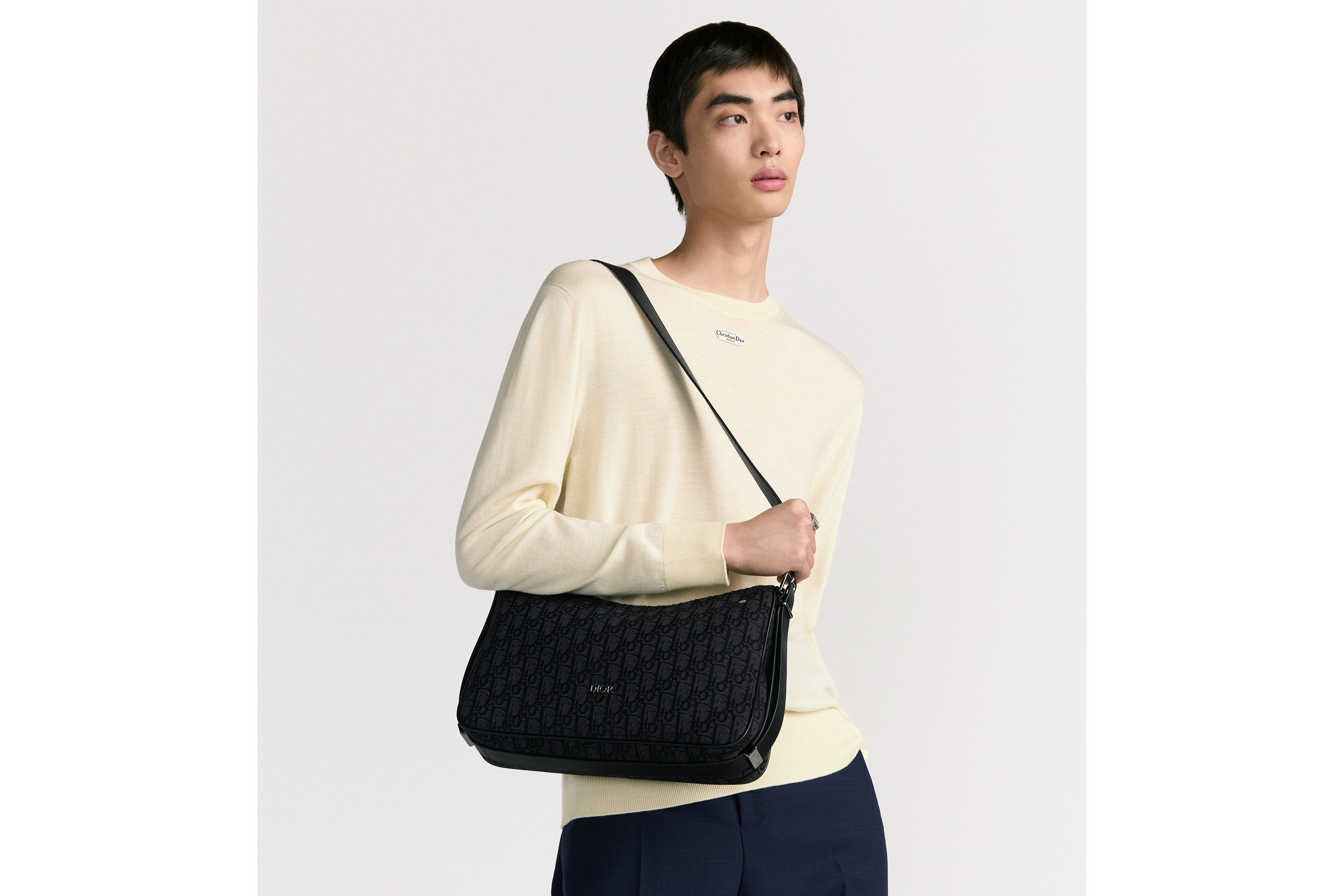 中号 Dior Slider 拉链水饺包 黑色 Oblique 印花面料 E19