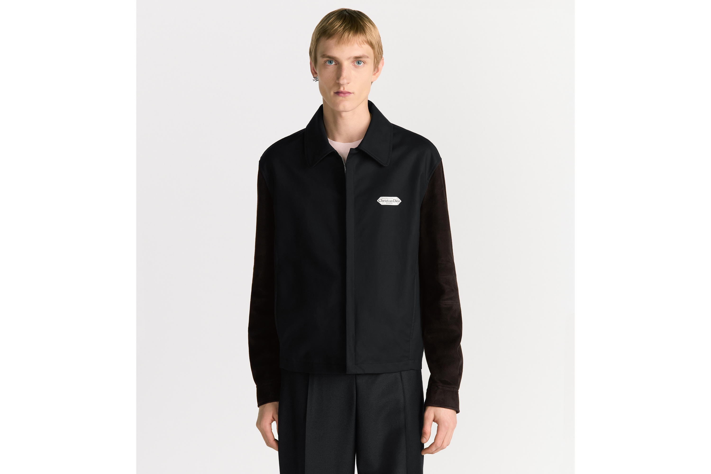 拉链短夹克 黑色棉质混纺缎面和羊皮革 Christian Dior Paris 标签 E07