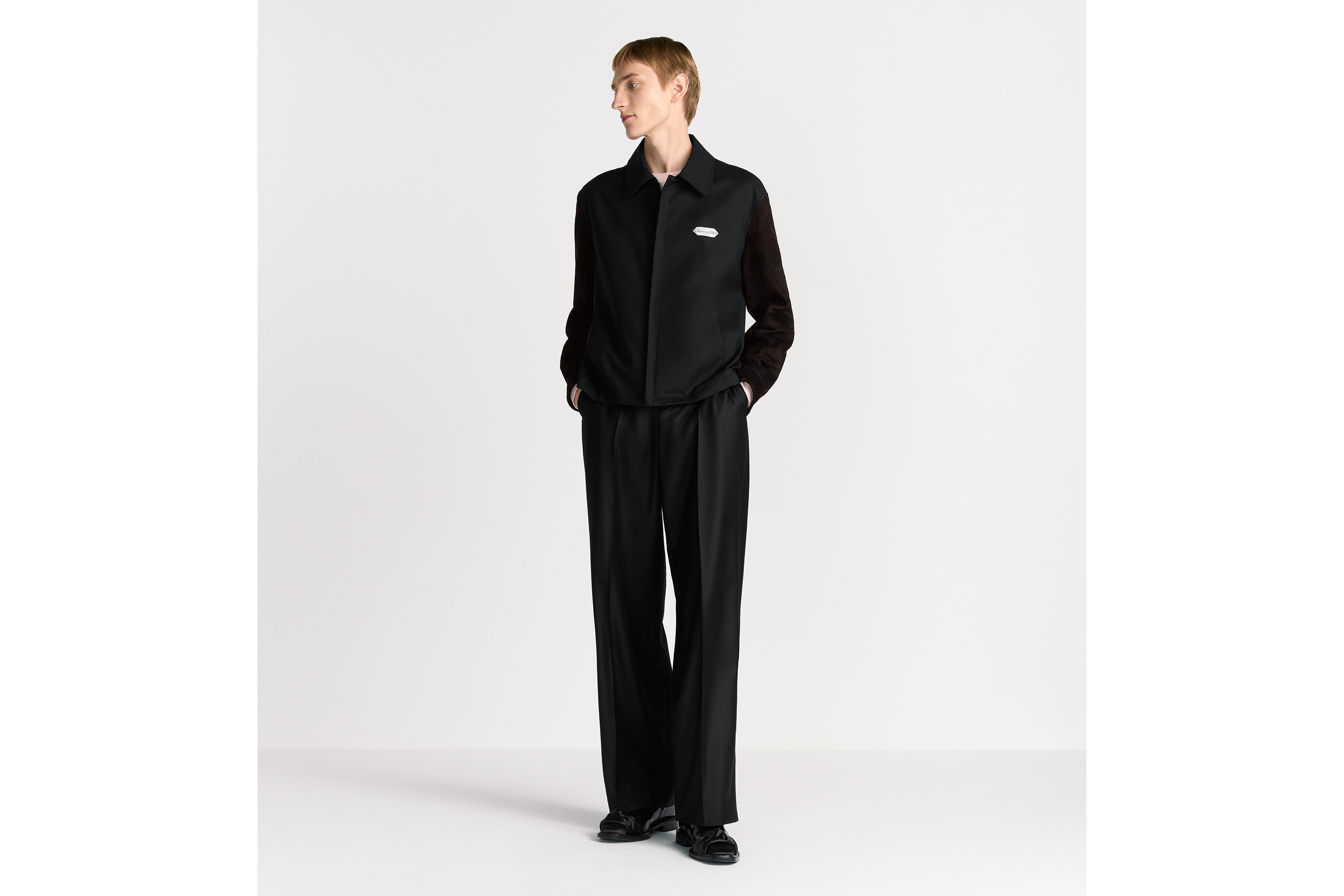 拉链短夹克 黑色棉质混纺缎面和羊皮革 Christian Dior Paris 标签 E08