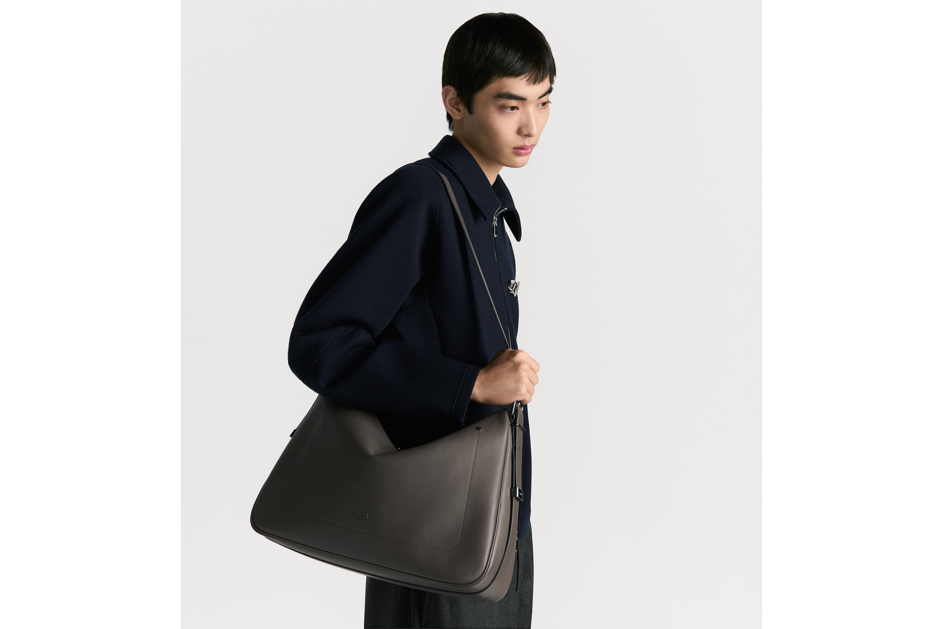 大号 Dior Slider 拉链水饺包 灰色光滑牛皮革 E19