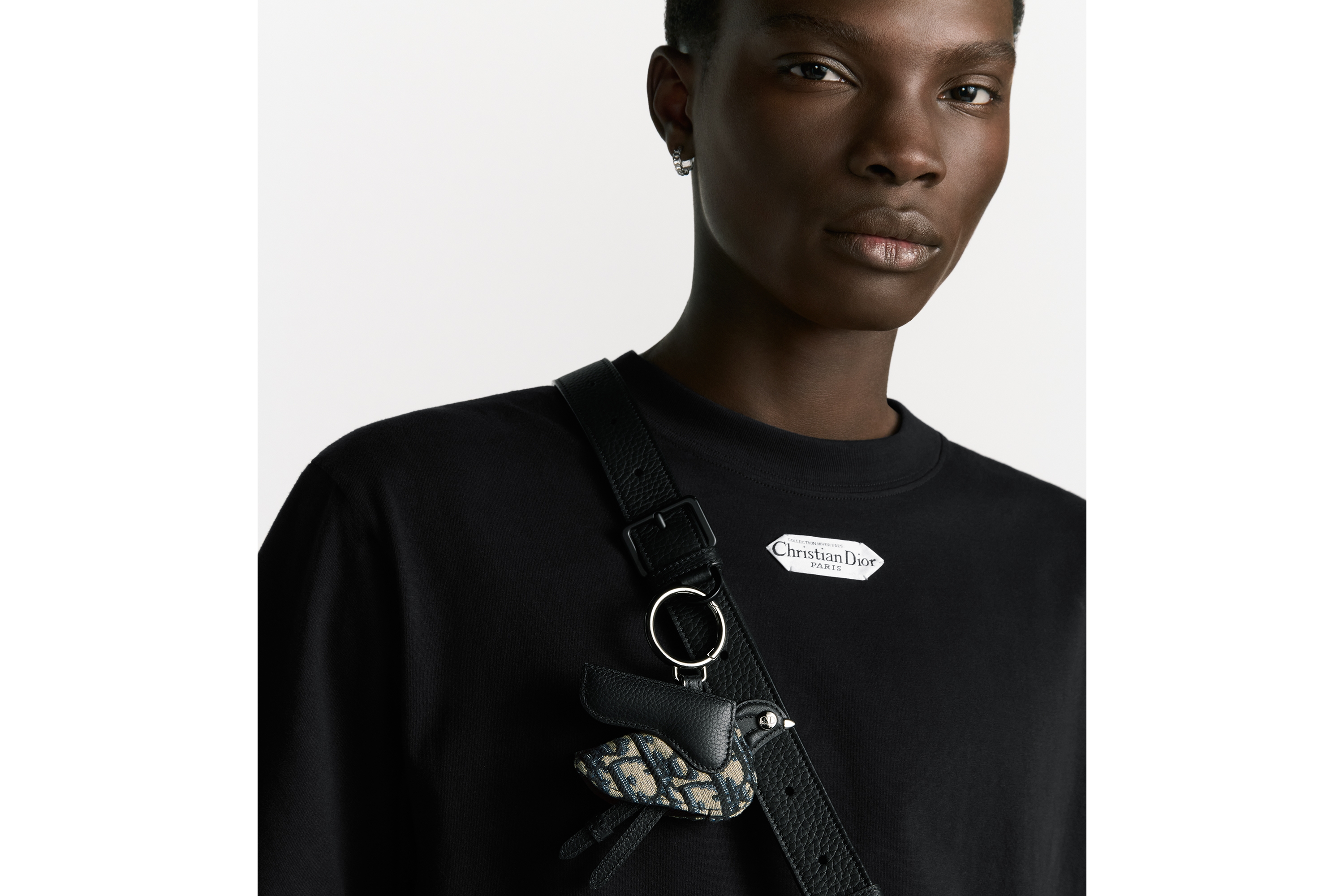 look_image_alt_prefix 马鞍飞鸟钥匙扣 米色和黑色 Oblique 印花面料、黑色粒面牛皮革和金属覆层铜合金 E42