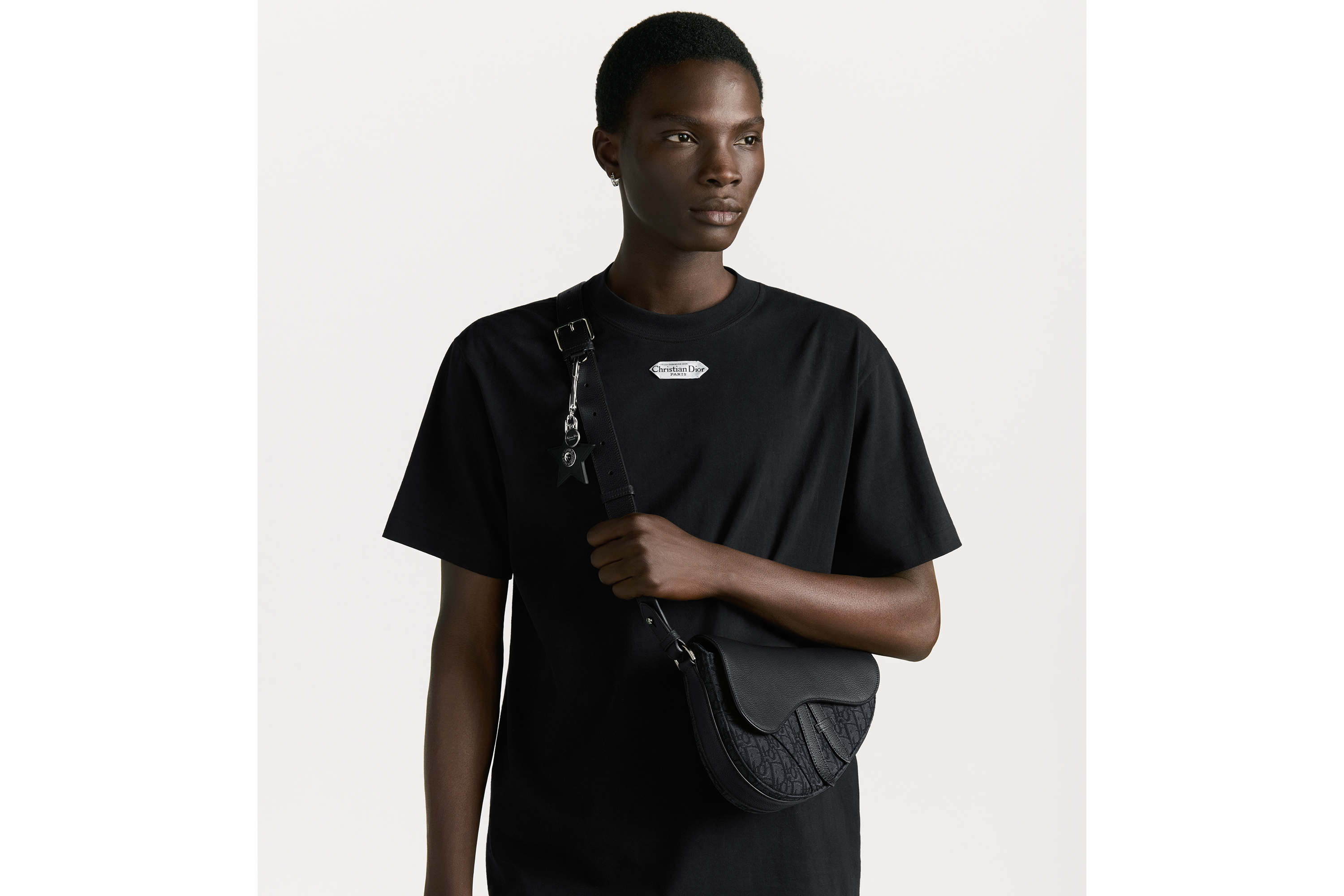 马鞍包 黑色 Oblique 印花面料和黑色粒面牛皮革 E19