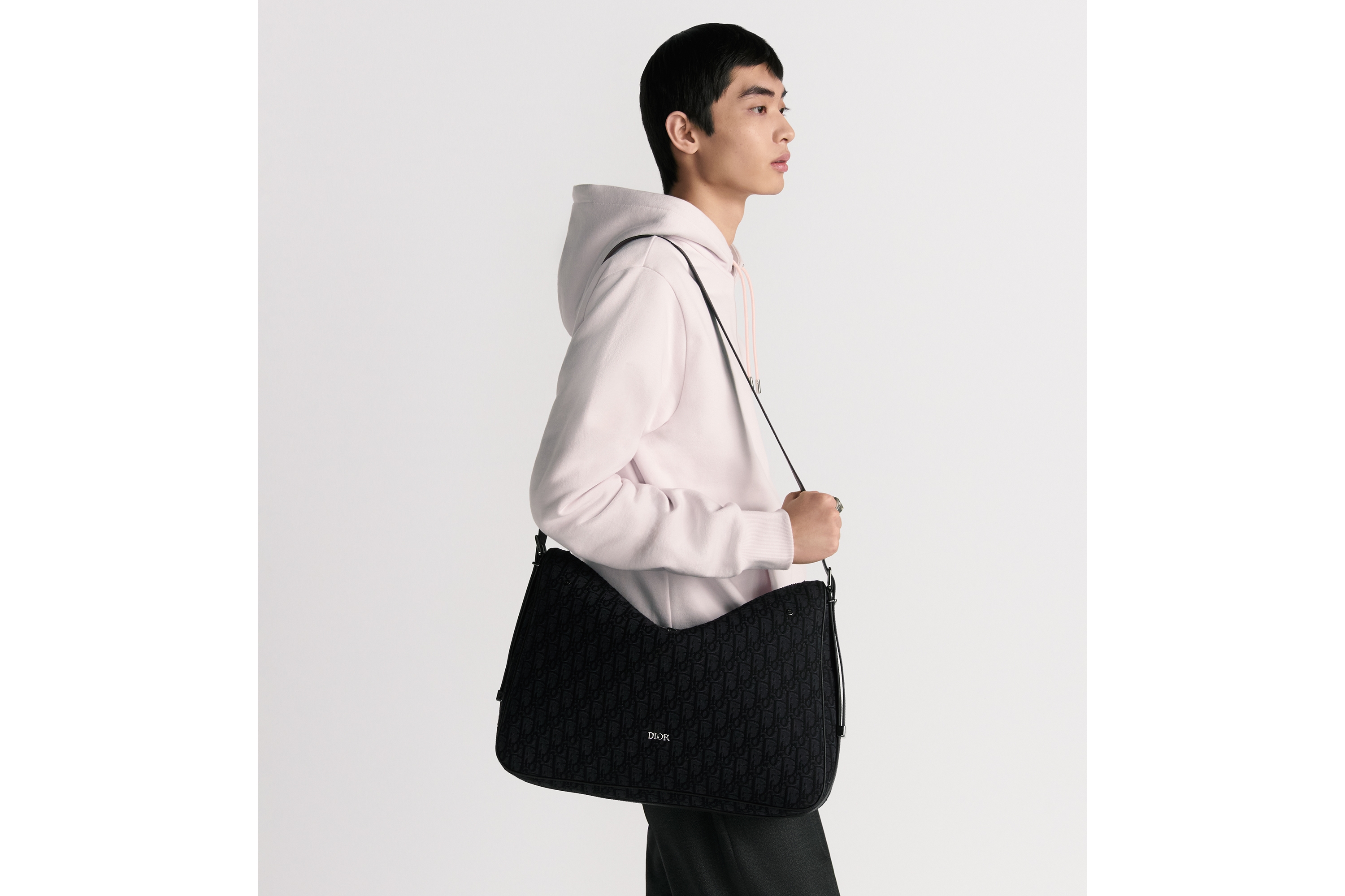 大号 Dior Slider 拉链水饺包 黑色 Oblique 印花面料 E19