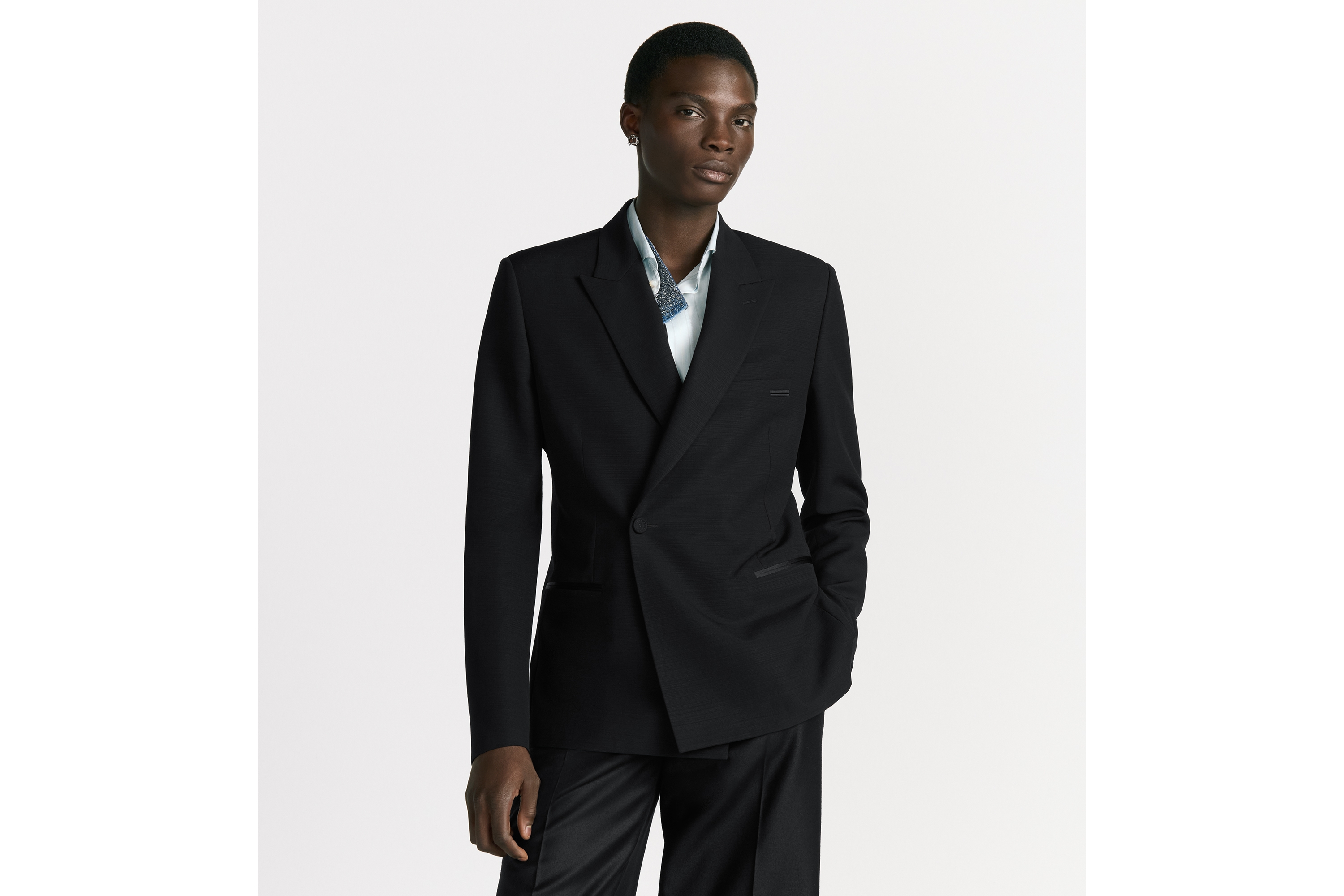 斜襟单西 黑色绵羊毛混纺面料 E01