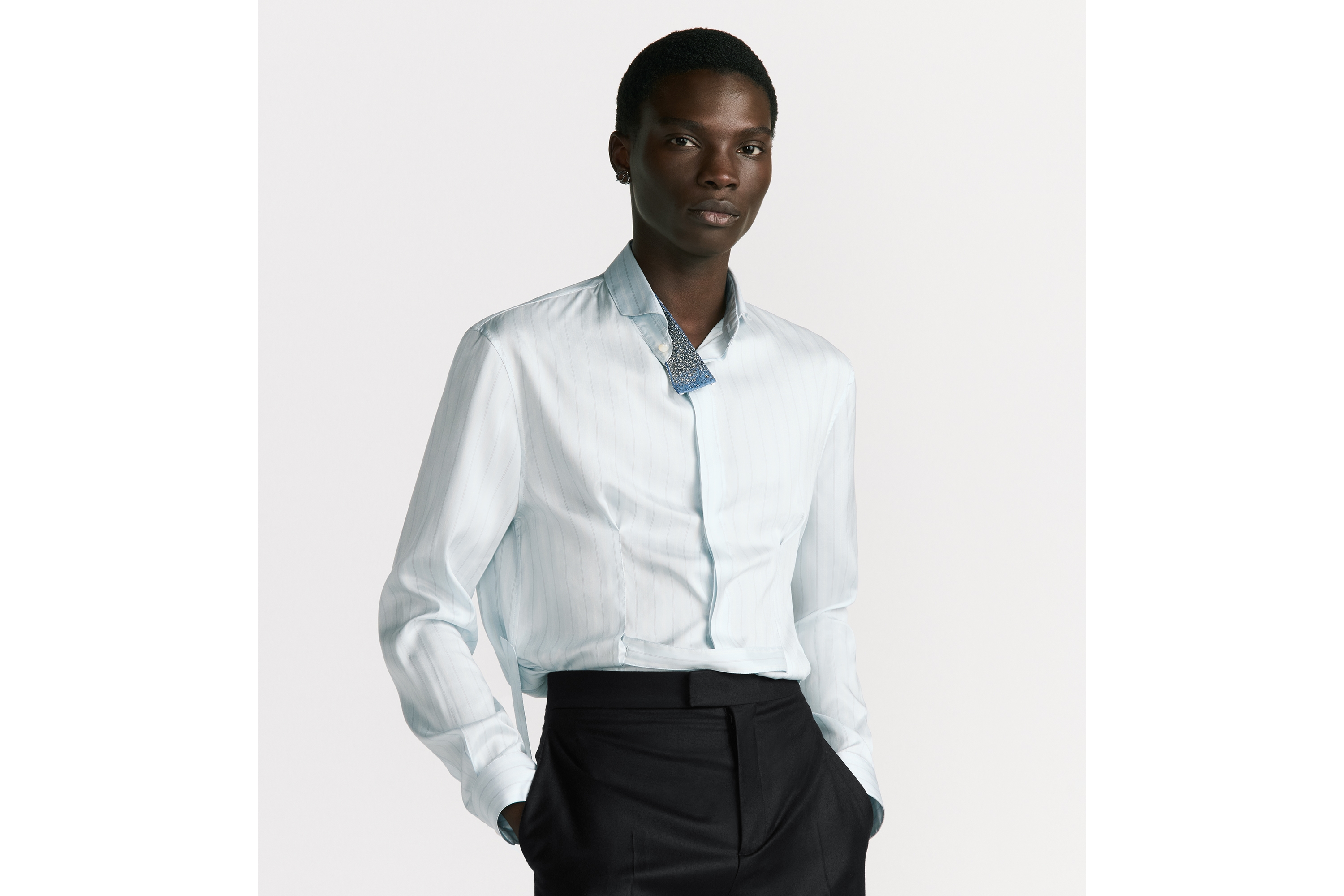 衬衫 蓝色条纹桑蚕丝斜纹面料搭配刺绣超迷你领带 E07