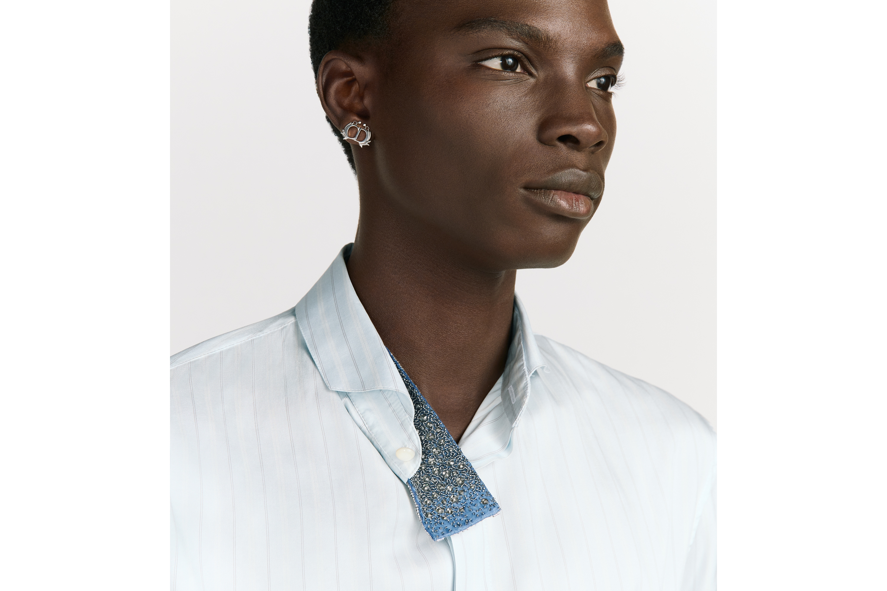 衬衫 蓝色条纹桑蚕丝斜纹面料搭配刺绣超迷你领带 E09