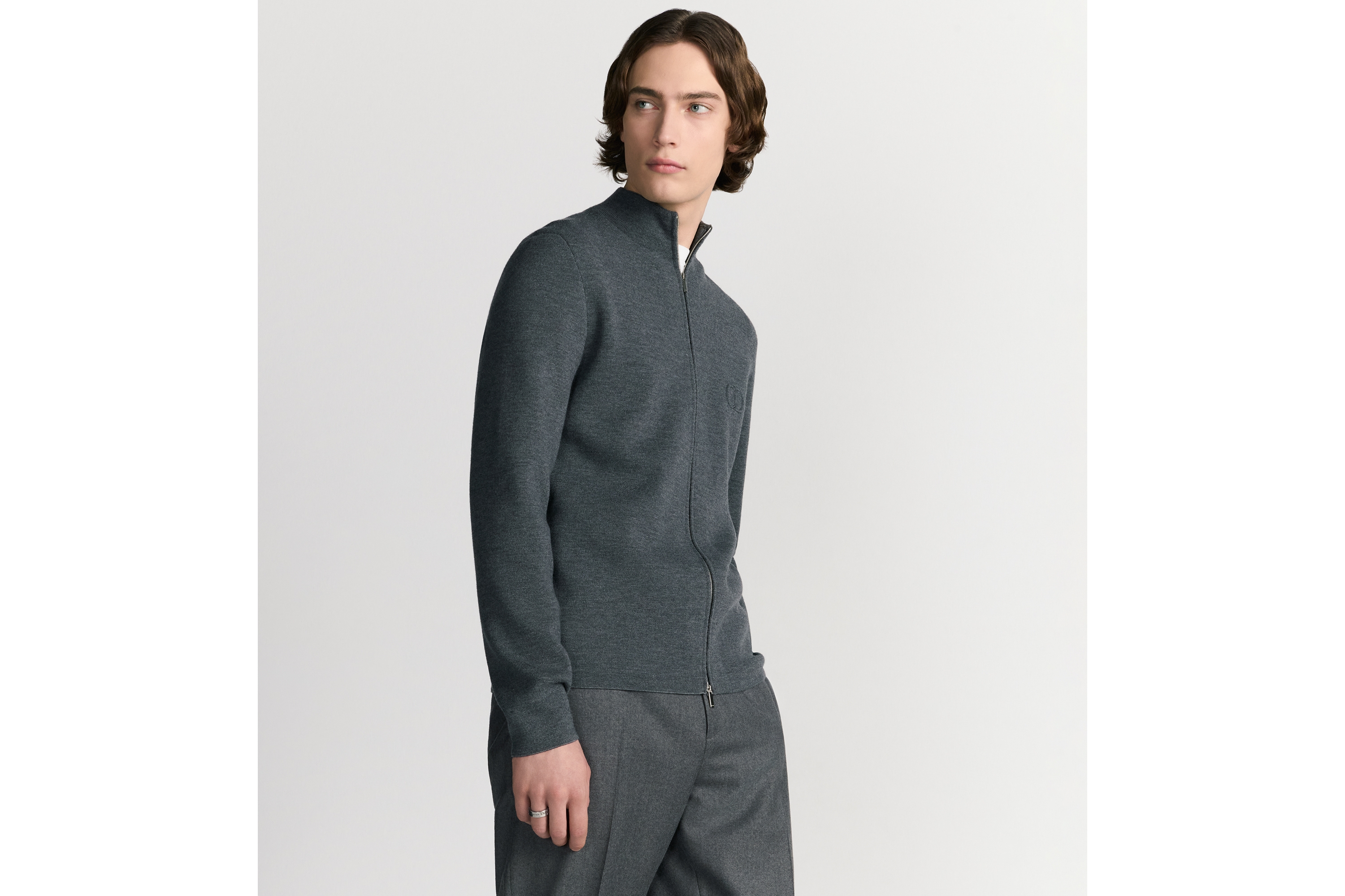 拉链针织衫 灰色绵羊毛针织面料 CD Icon 刺绣 E01