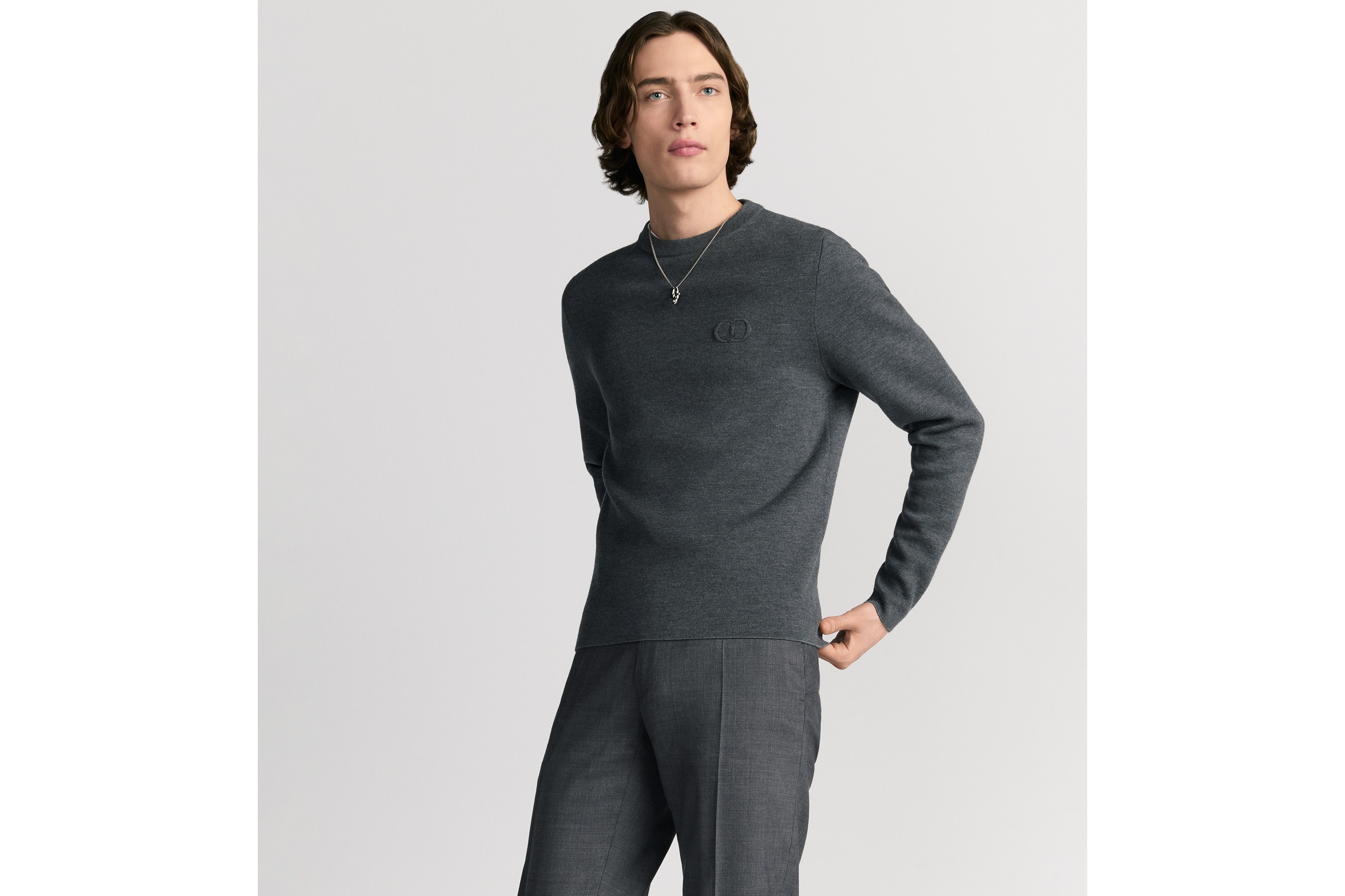 针织衫 灰色绵羊毛针织面料 CD Icon 刺绣 E07