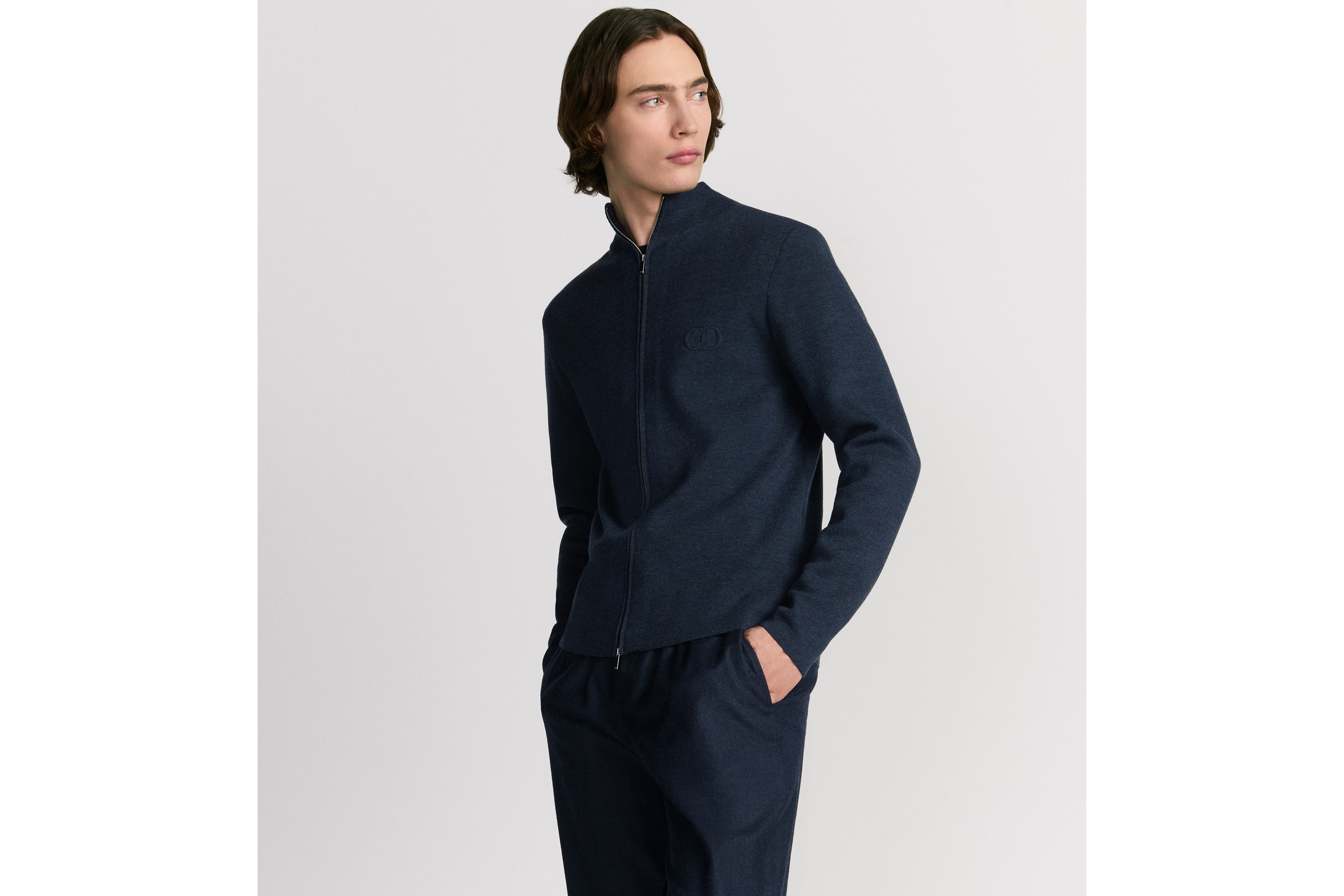 拉链针织衫 金属蓝绵羊毛针织面料 CD Icon 刺绣 E09