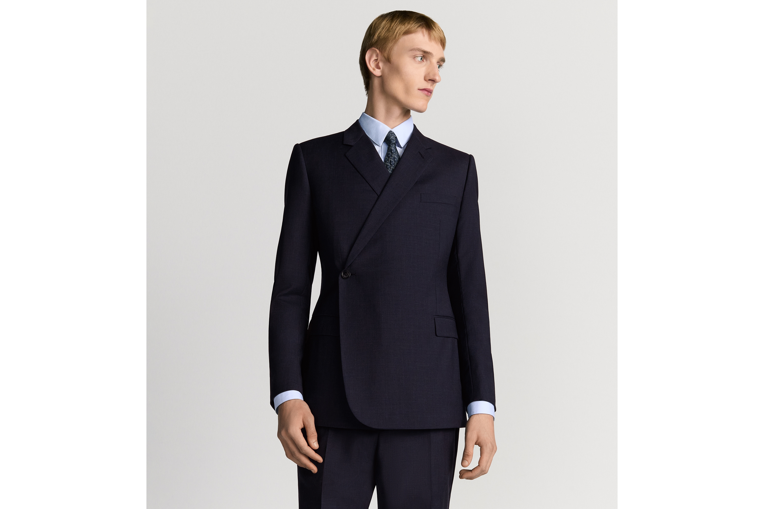 斜襟西装 海军蓝色绵羊毛格纹布 E01