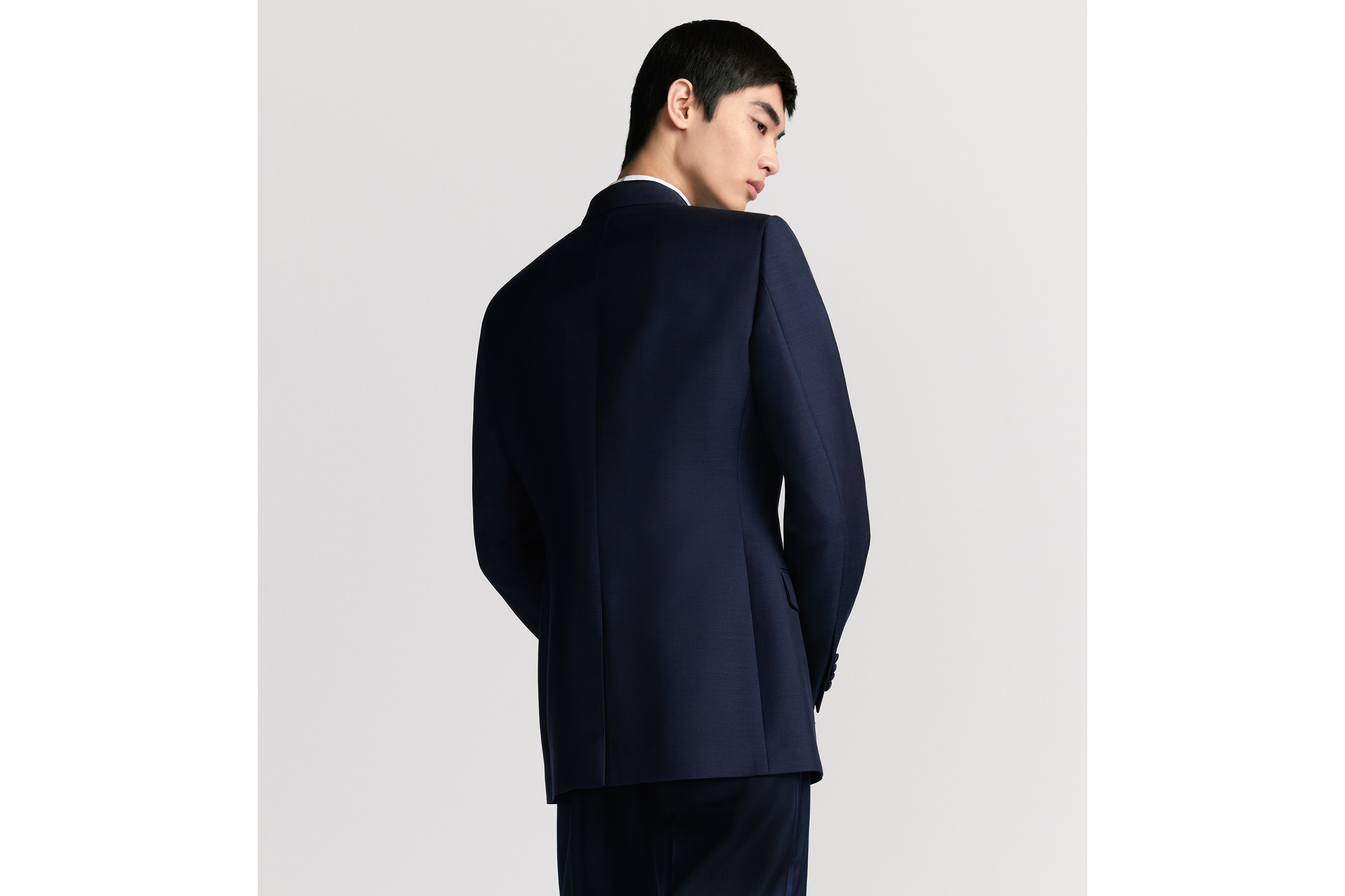 斜襟礼服 蓝色绵羊毛和马海毛混纺面料 E03