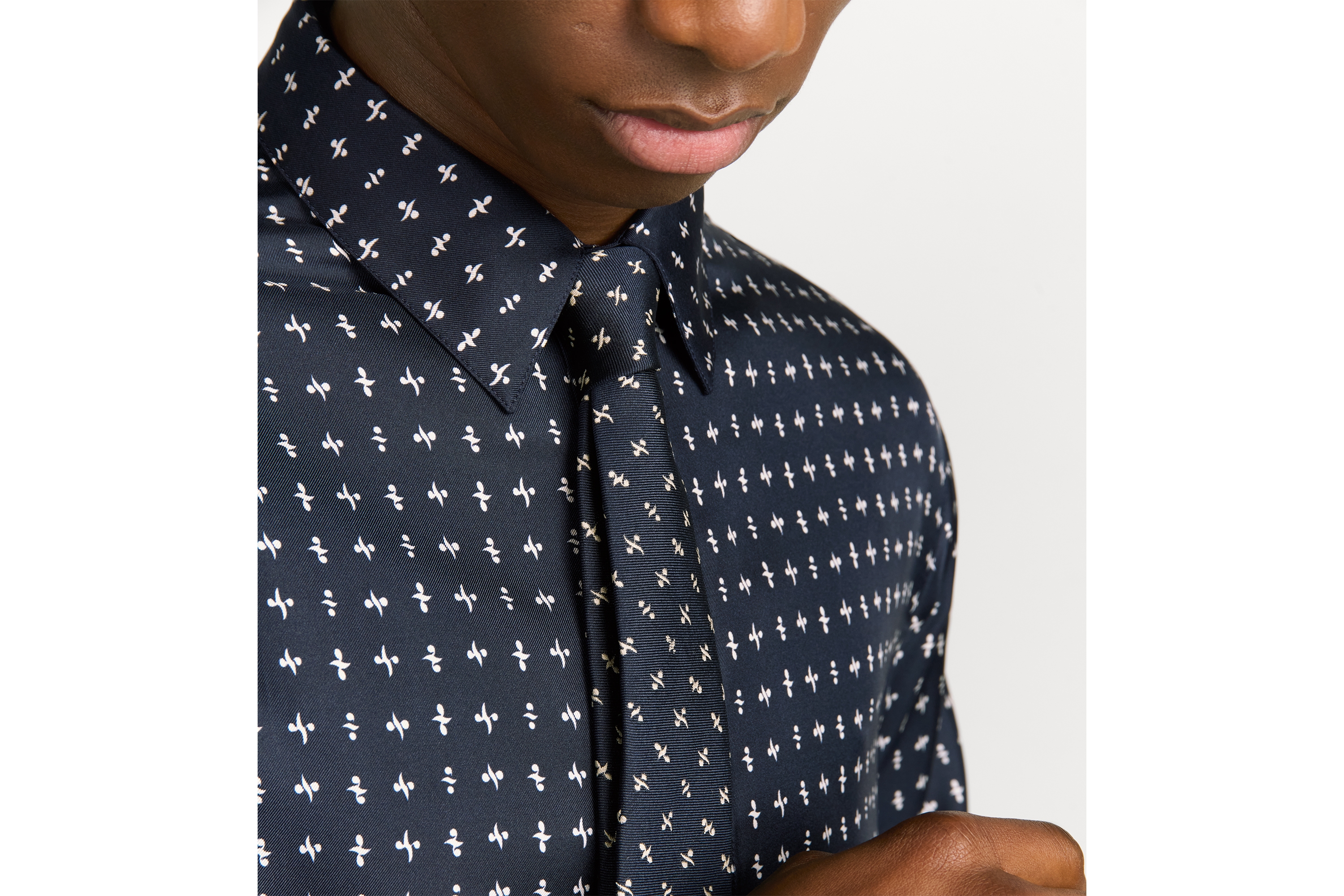 look_image_alt_prefix Dior 印花领带 海军蓝色和白色桑蚕丝面料 Monsieur Dior 图案 E10