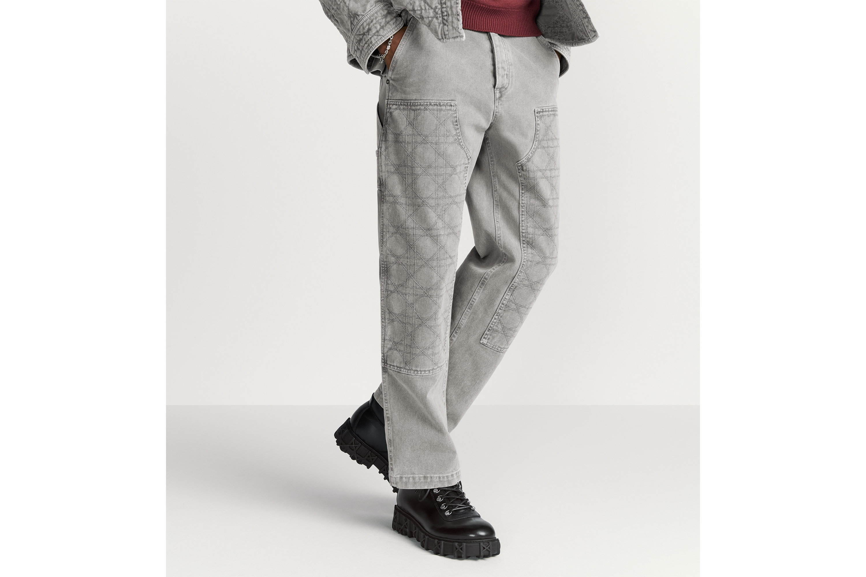 工装牛仔裤 灰色棉质斜纹面料藤格纹 E13