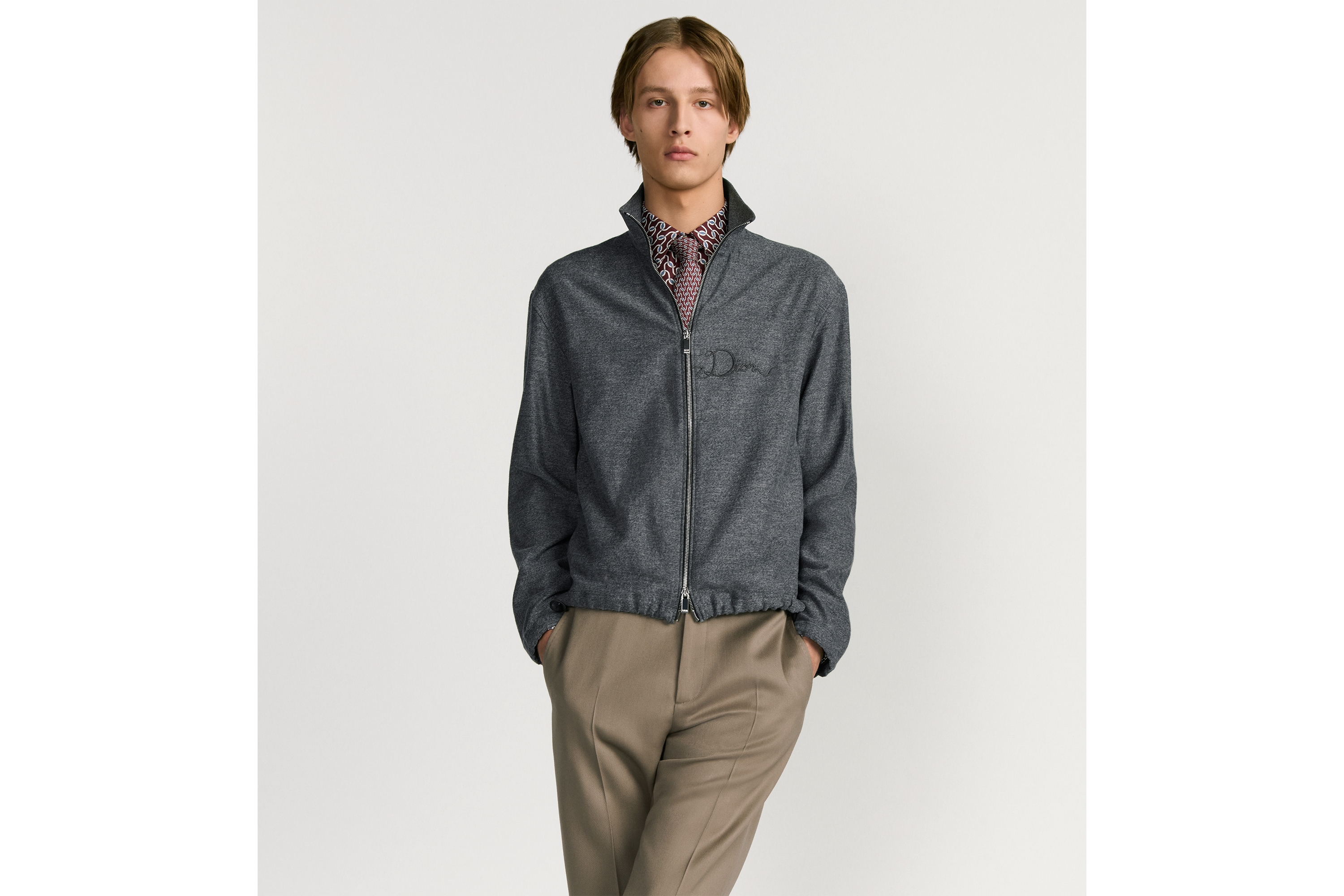 拉链衬衫 灰色棉质法兰绒 Dior Ribbon 刺绣 E01