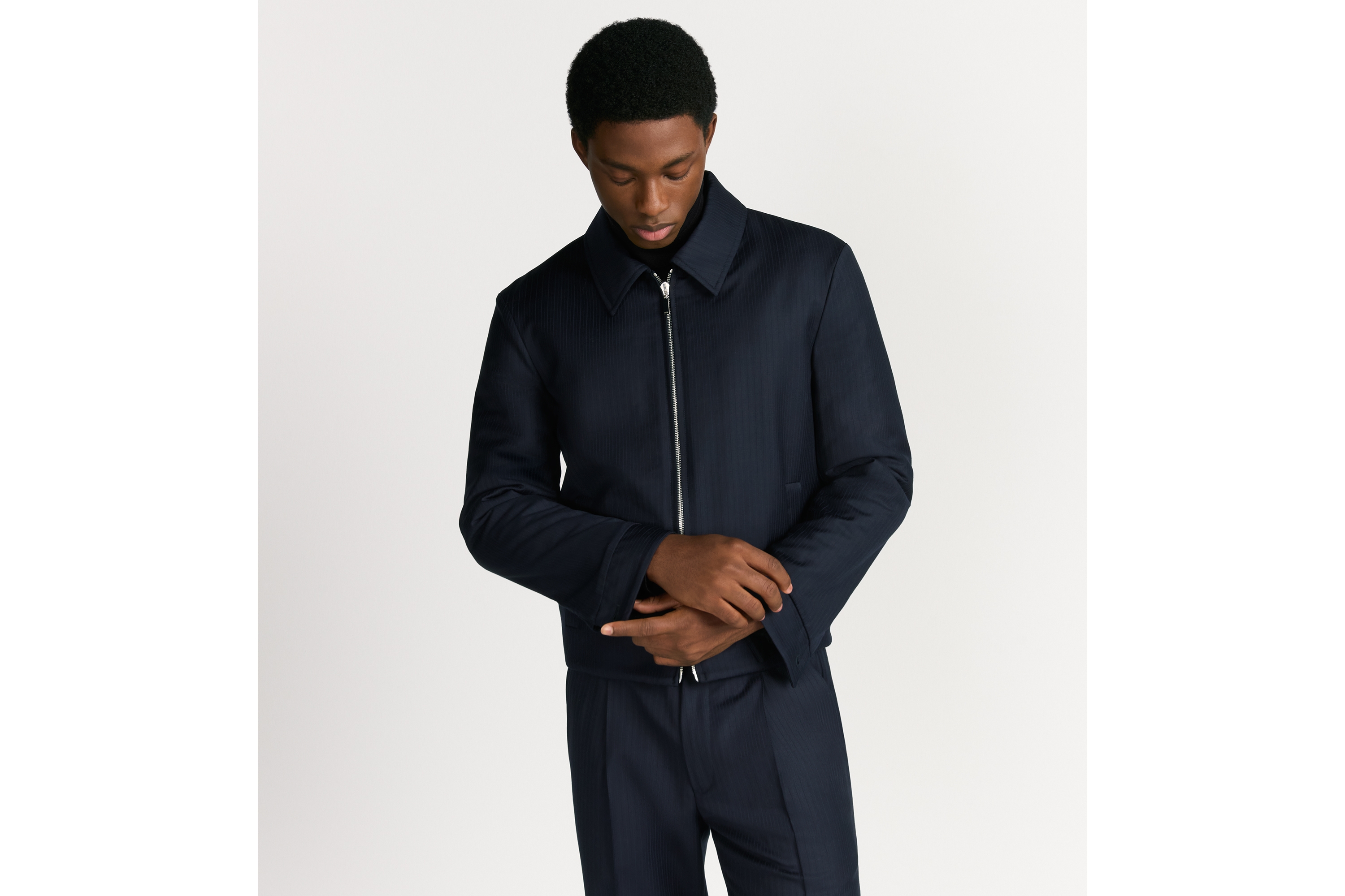 双面拉链夹克 蓝色绵羊毛面料条纹和藤格纹图案 E01