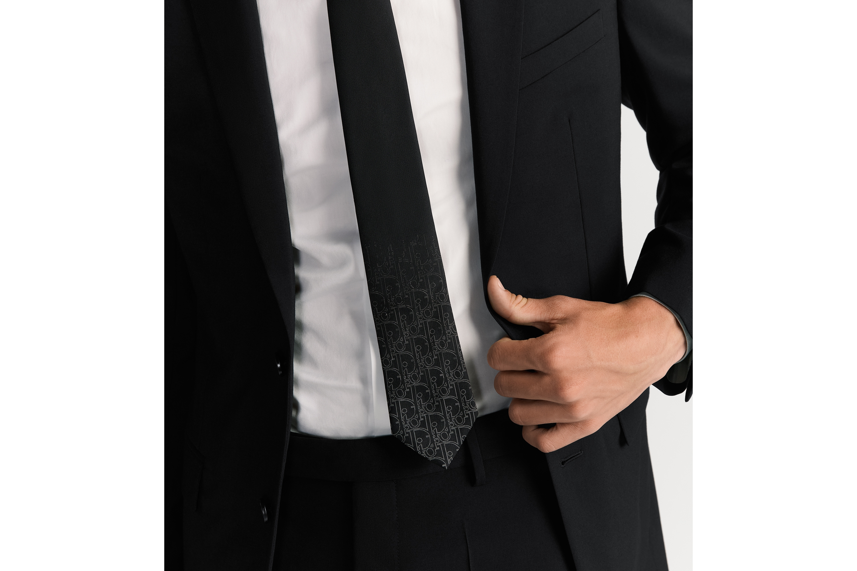 look_image_alt_prefix 领带 黑色和白色桑蚕丝面料渐变 Dior Gravity 图案 E36