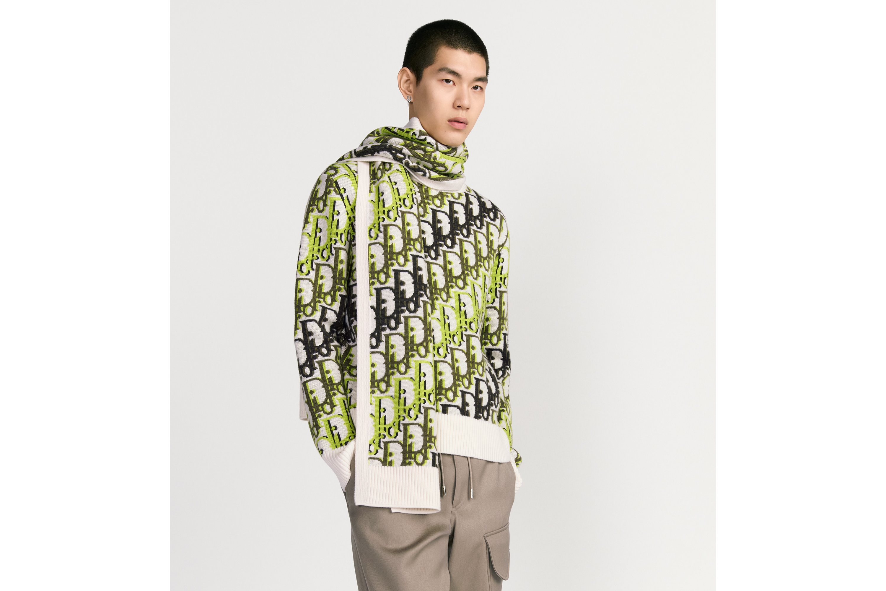 Dior 印花围巾 米白色、绿色和棕色绵羊毛面料 Oblique 印花 E32