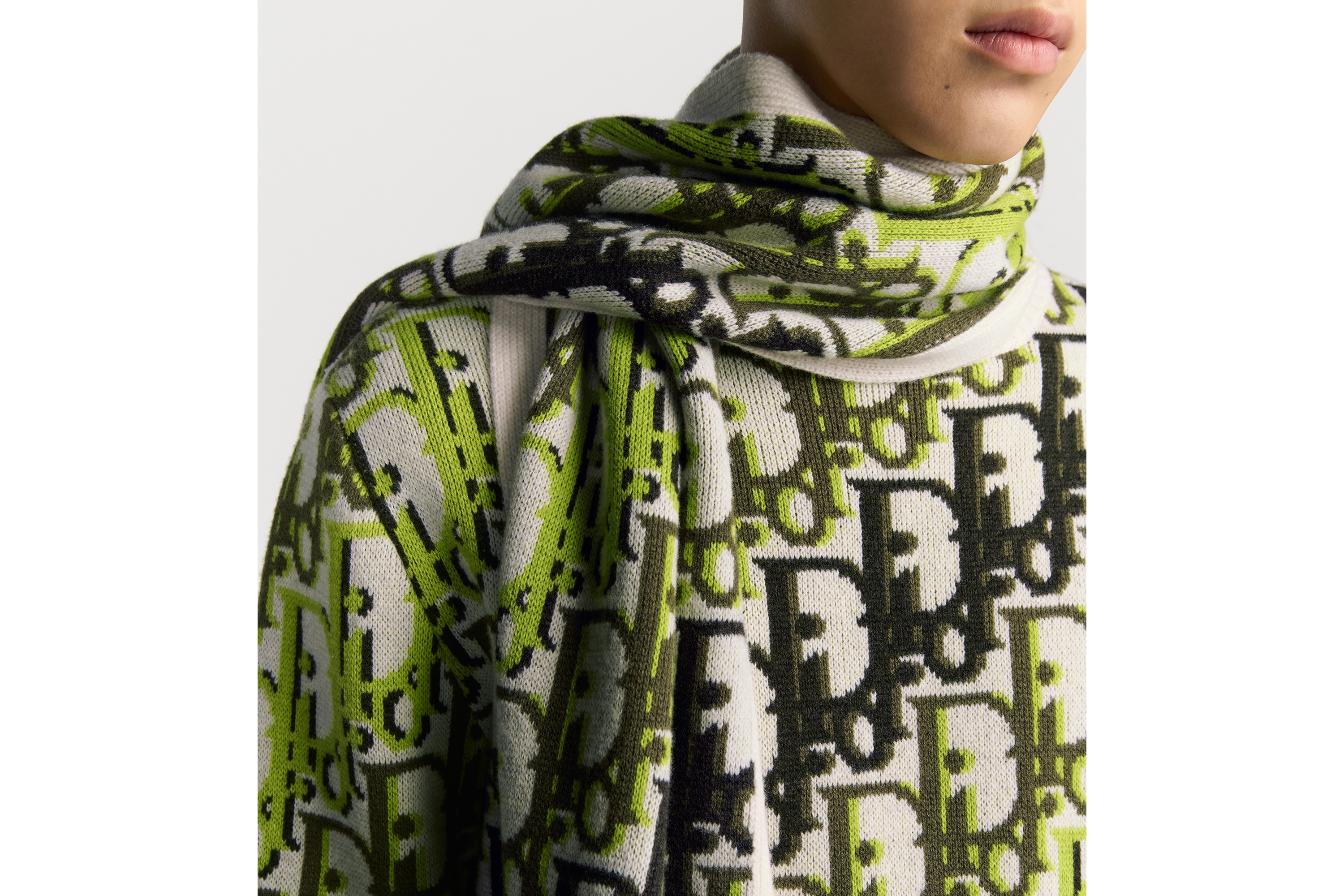 look_image_alt_prefix Dior 印花围巾 米白色、绿色和棕色绵羊毛面料 Oblique 印花 E33