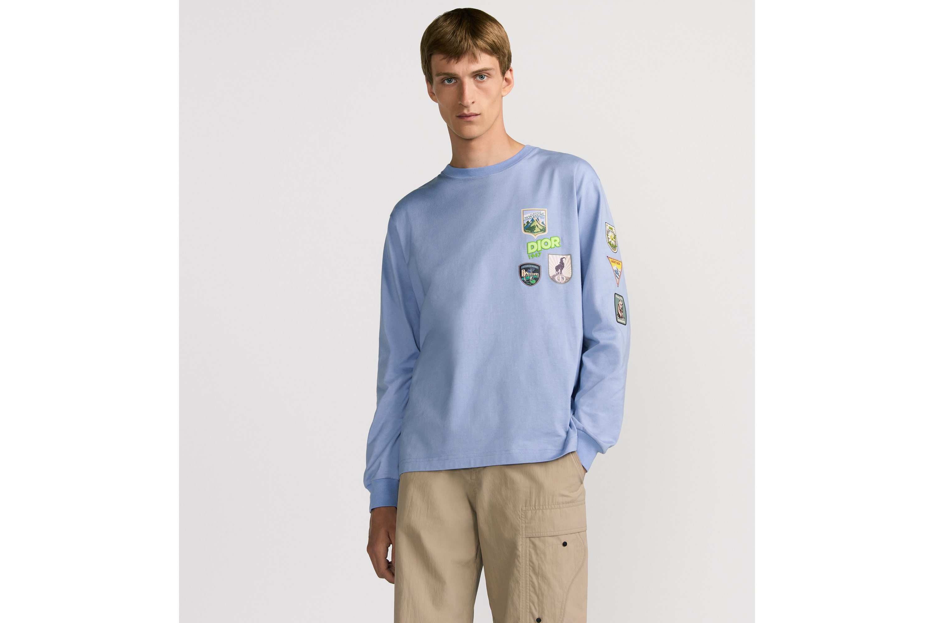 宽松版型长袖 T 恤 蓝色棉质平纹针织面料 Dior Mountain 刺绣 E07