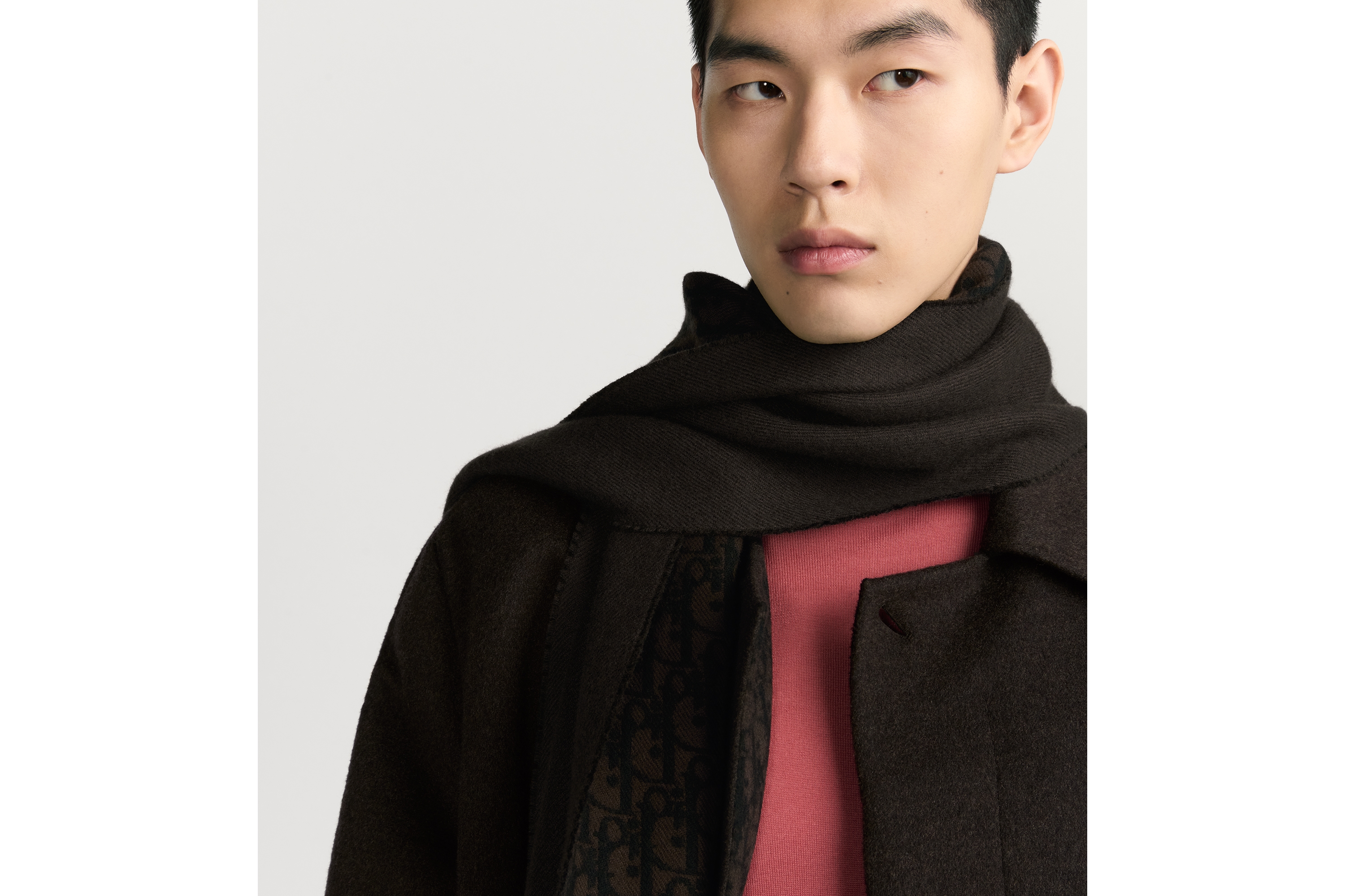 look_image_alt_prefix 双面围巾 棕色和黑色绵羊毛和山羊绒混纺面料 Oblique 印花 E33