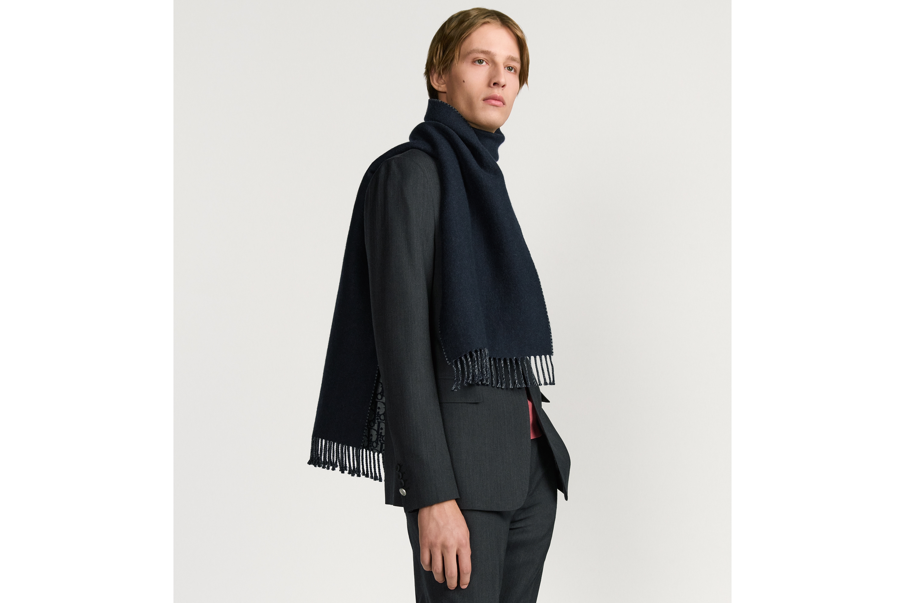 双面围巾 蓝色和灰色绵羊毛和山羊绒混纺面料 Oblique 印花 E32