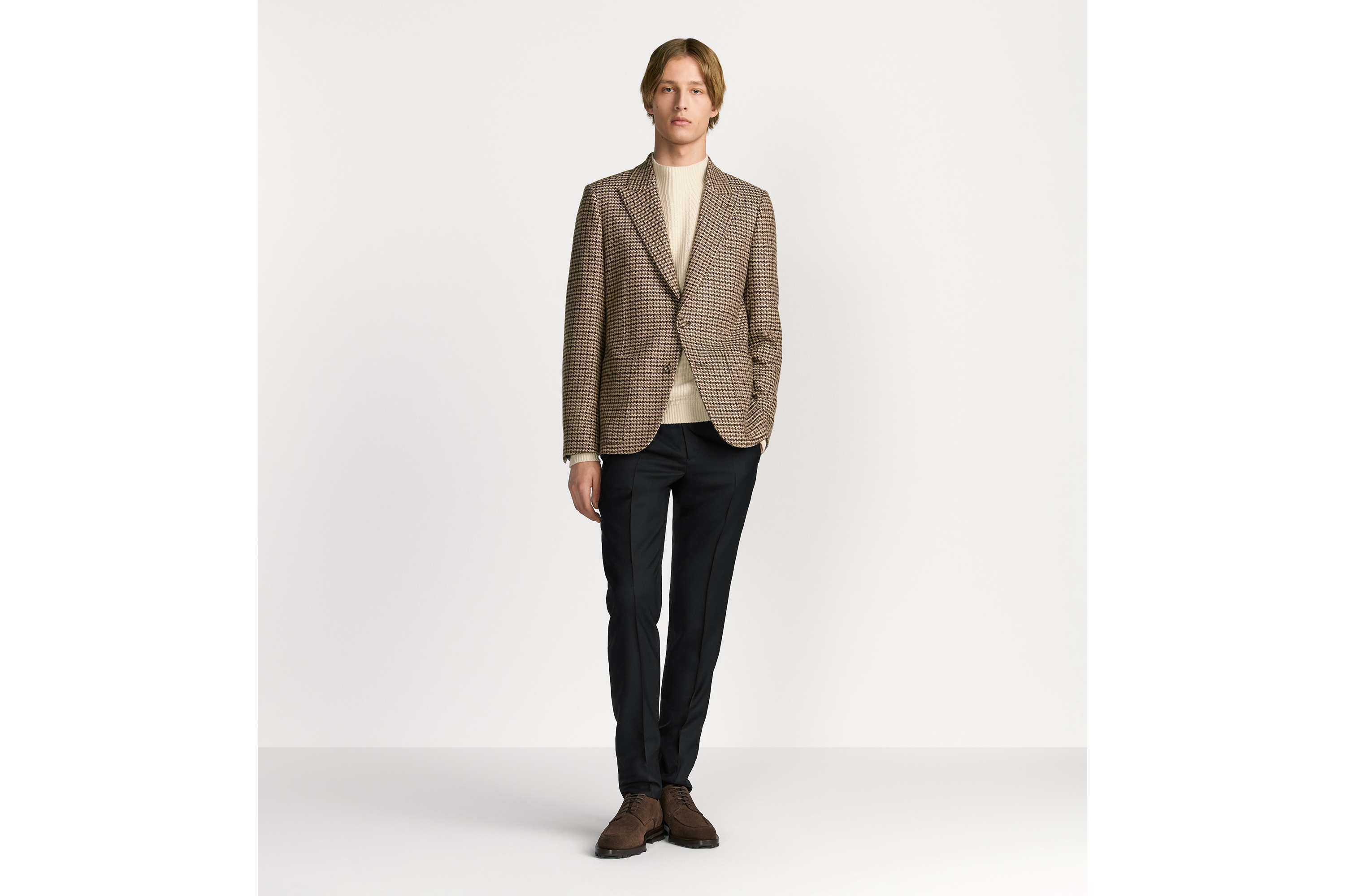 Dior Icons 单西 棕色桑蚕丝和山羊绒混纺面料千鸟格纹 E02