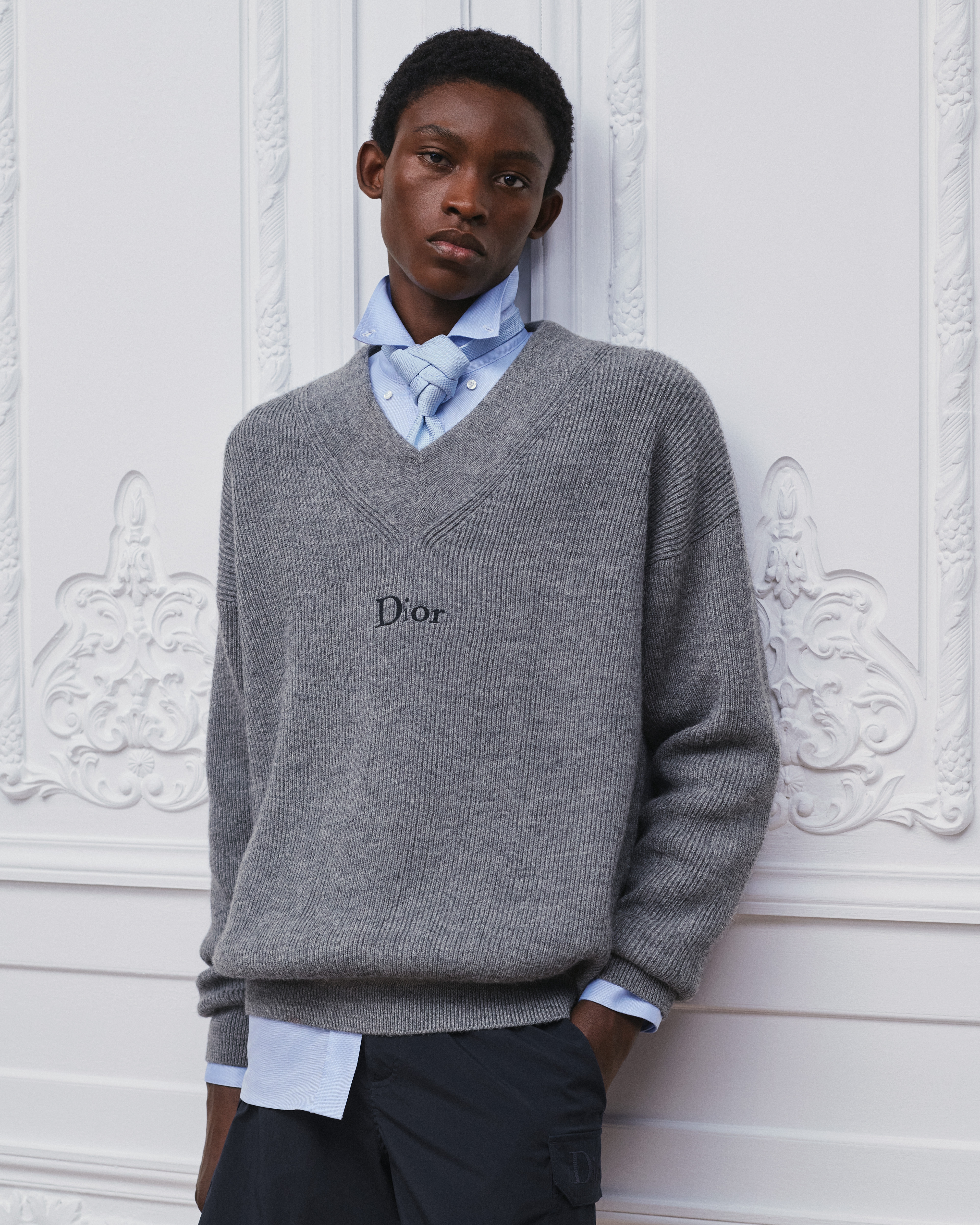 look_image_alt_prefix 针织衫 灰色绵羊毛和羊驼毛混纺针织面料 Dior 刺绣 E01